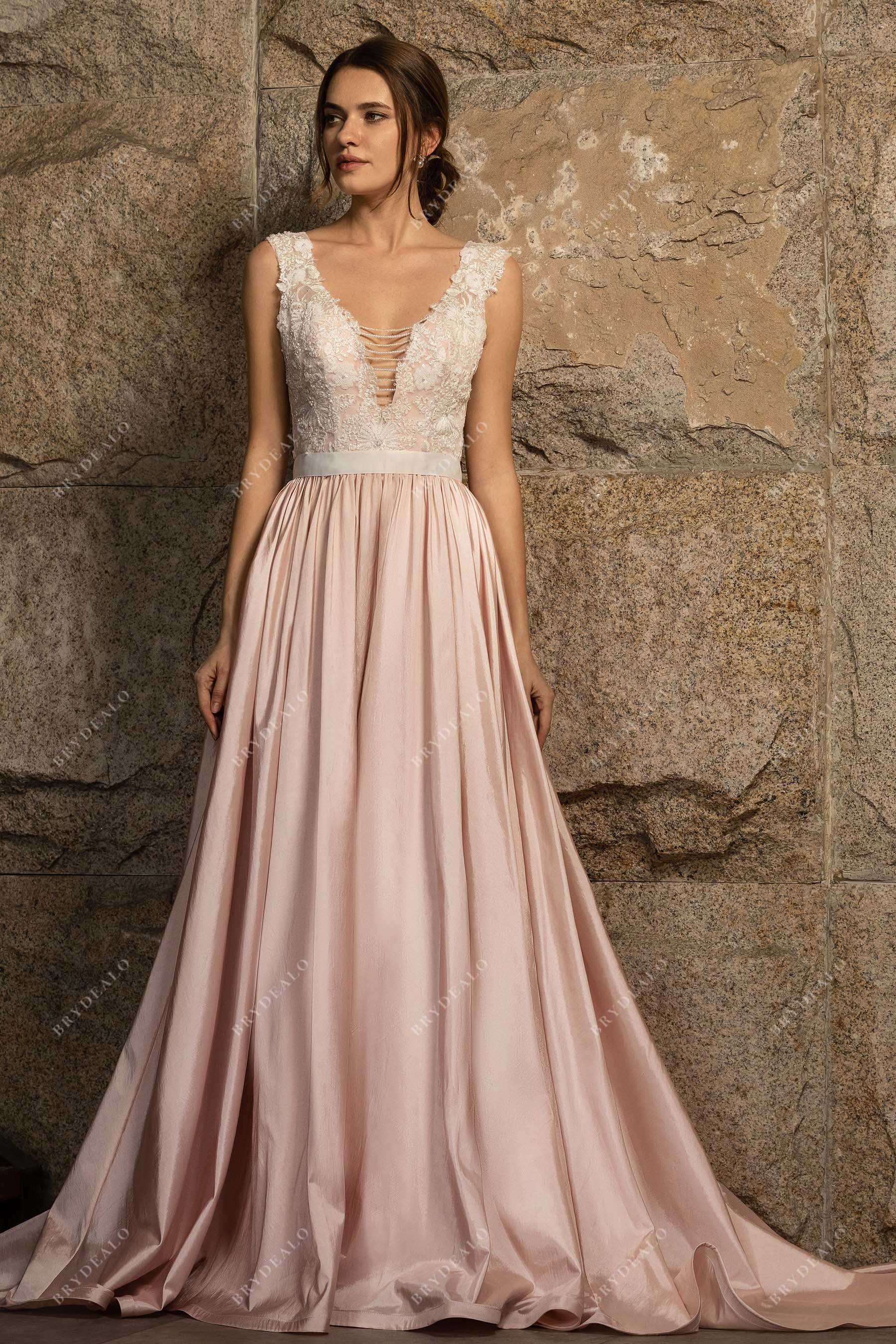 Sample Sale | Pink Plunging Lace Taffeta A-line Wedding Dress Sample Sale | Pink Plunging Lace Taffeta A-line Wedding Dress