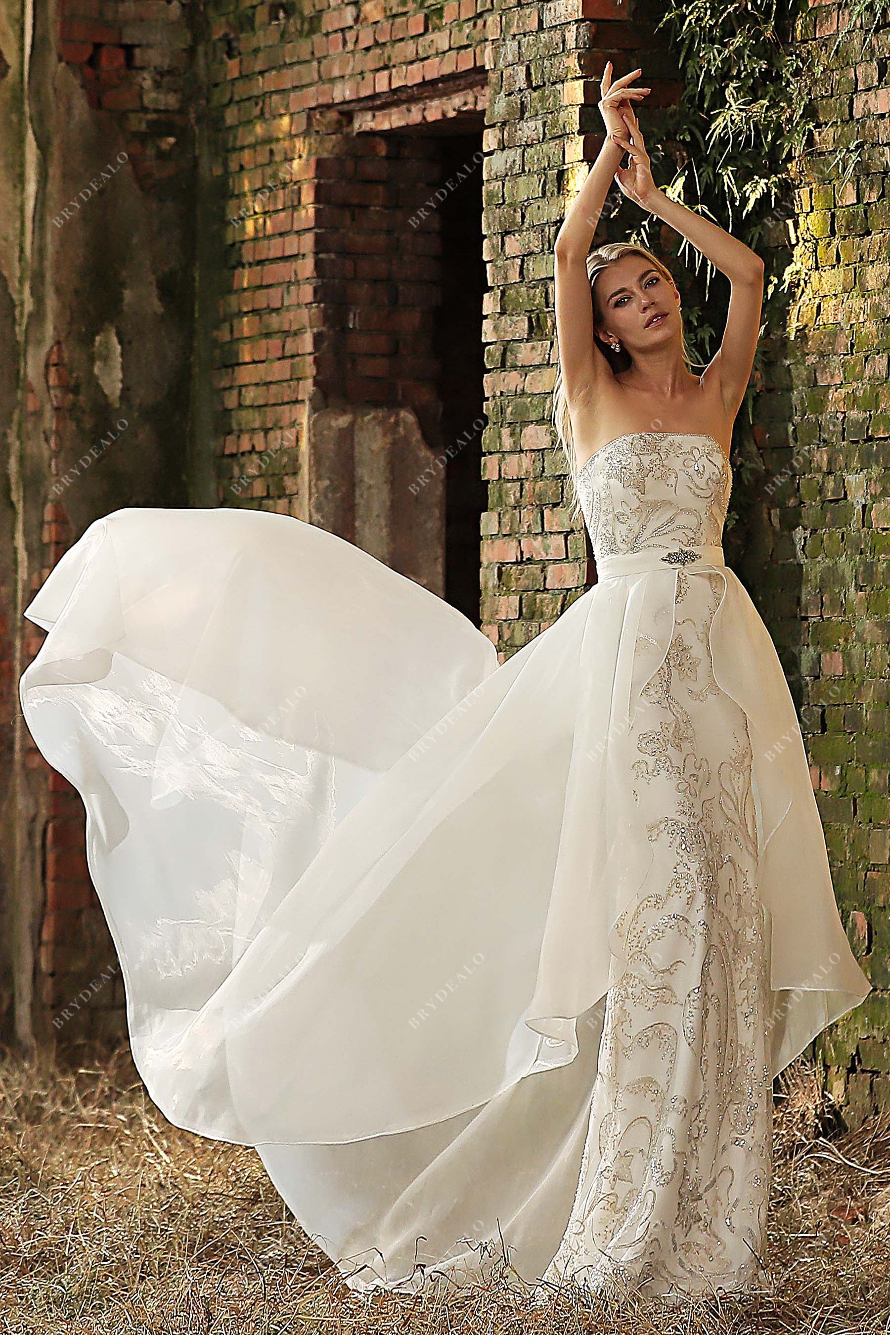 removable organza overskirt strapless beaded lace sheath wedding dress