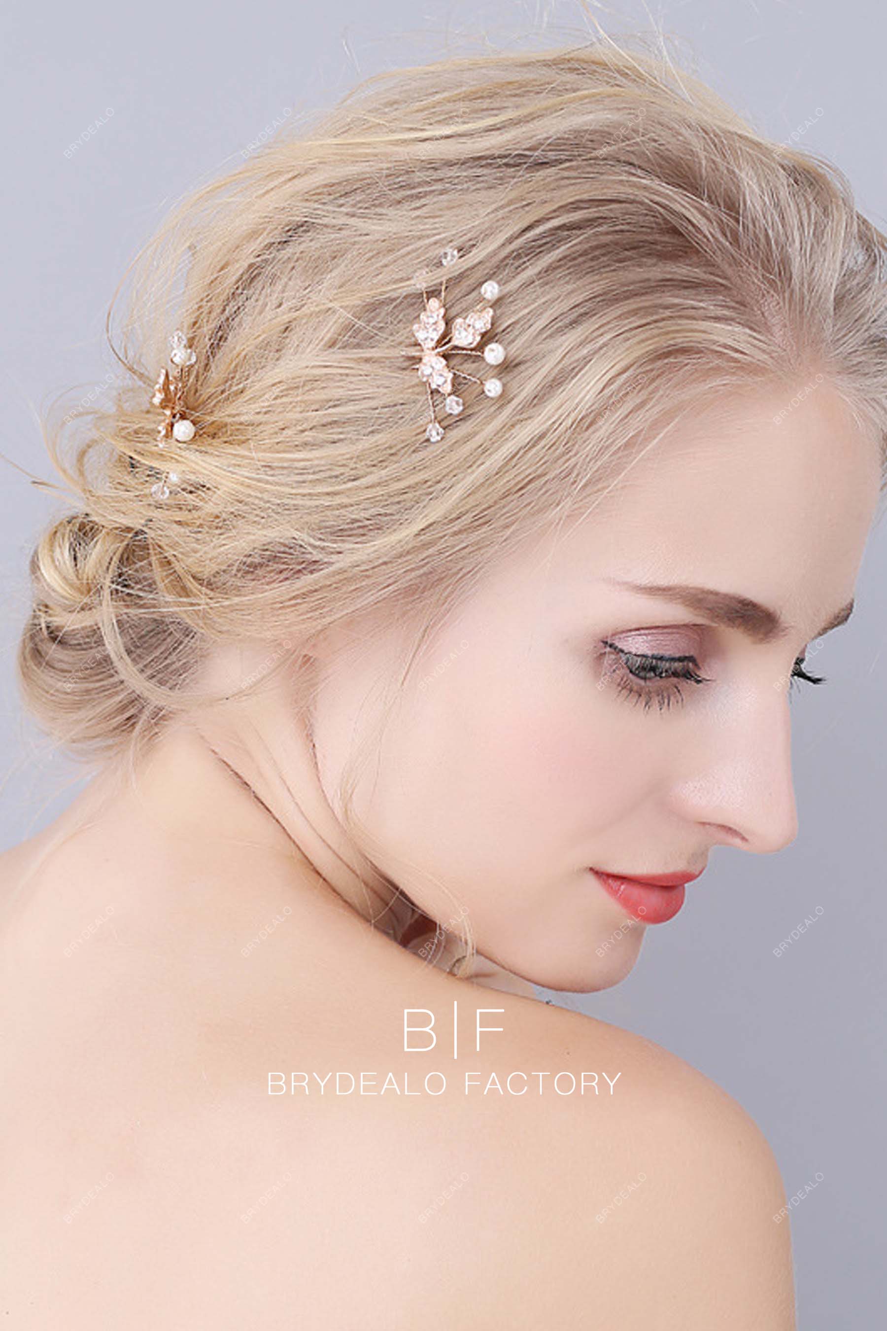 Wholesale Pearls Rhinestones Leaf Gold Metal Bridal Hair Pins