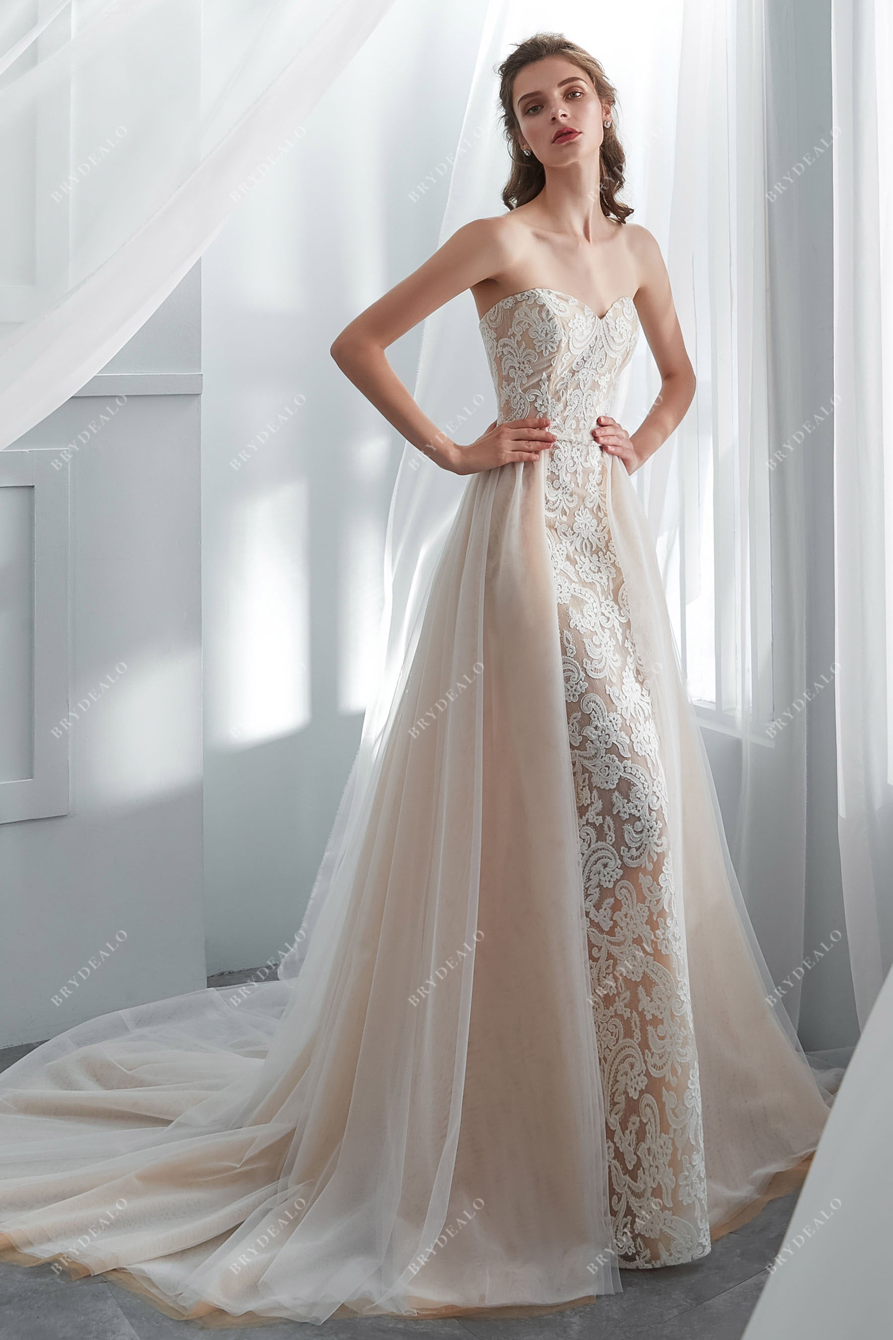 Designer Lace Overskirt Mermaid Wedding Gown Online
