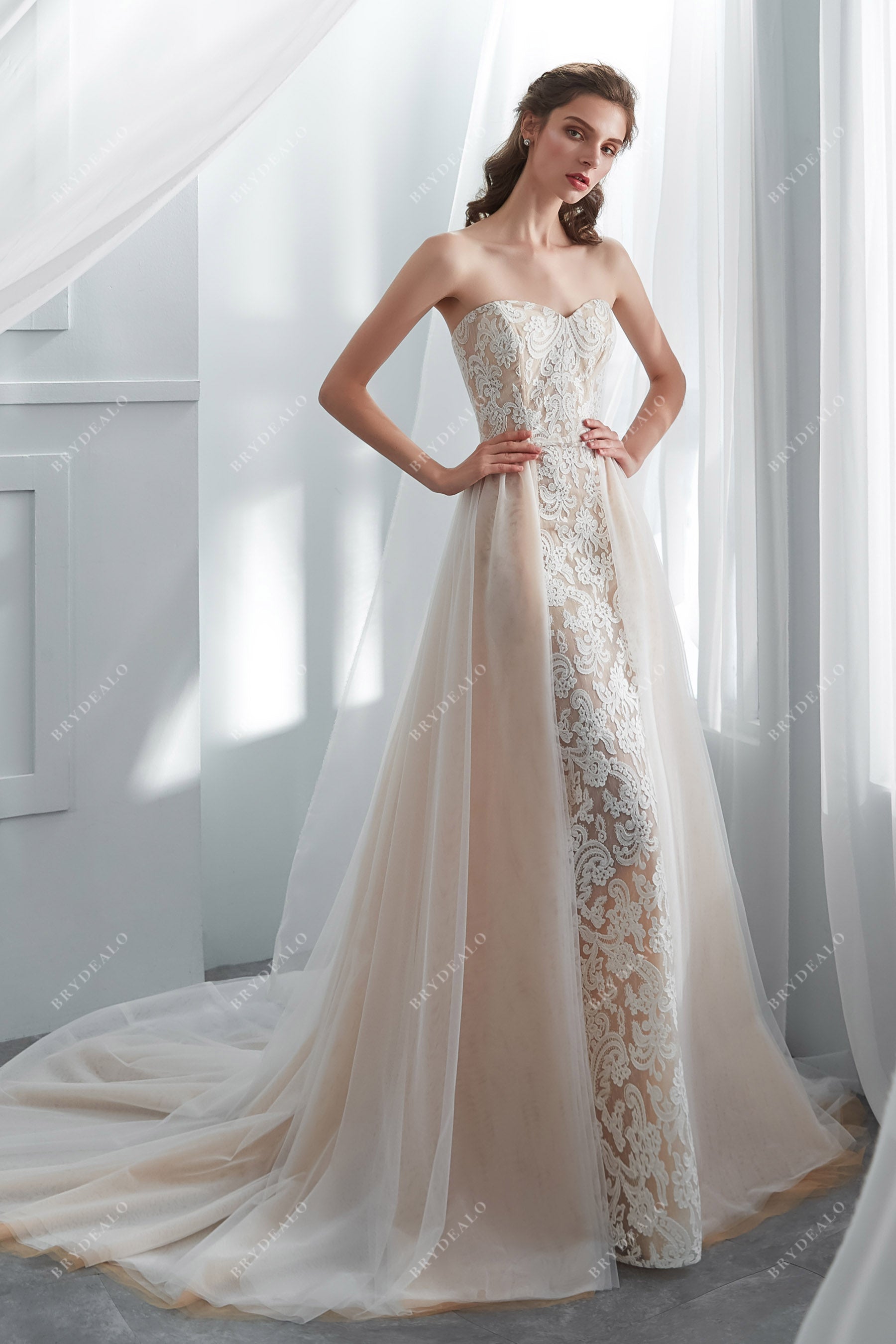Designer Lace Overskirt Mermaid Wedding Gown