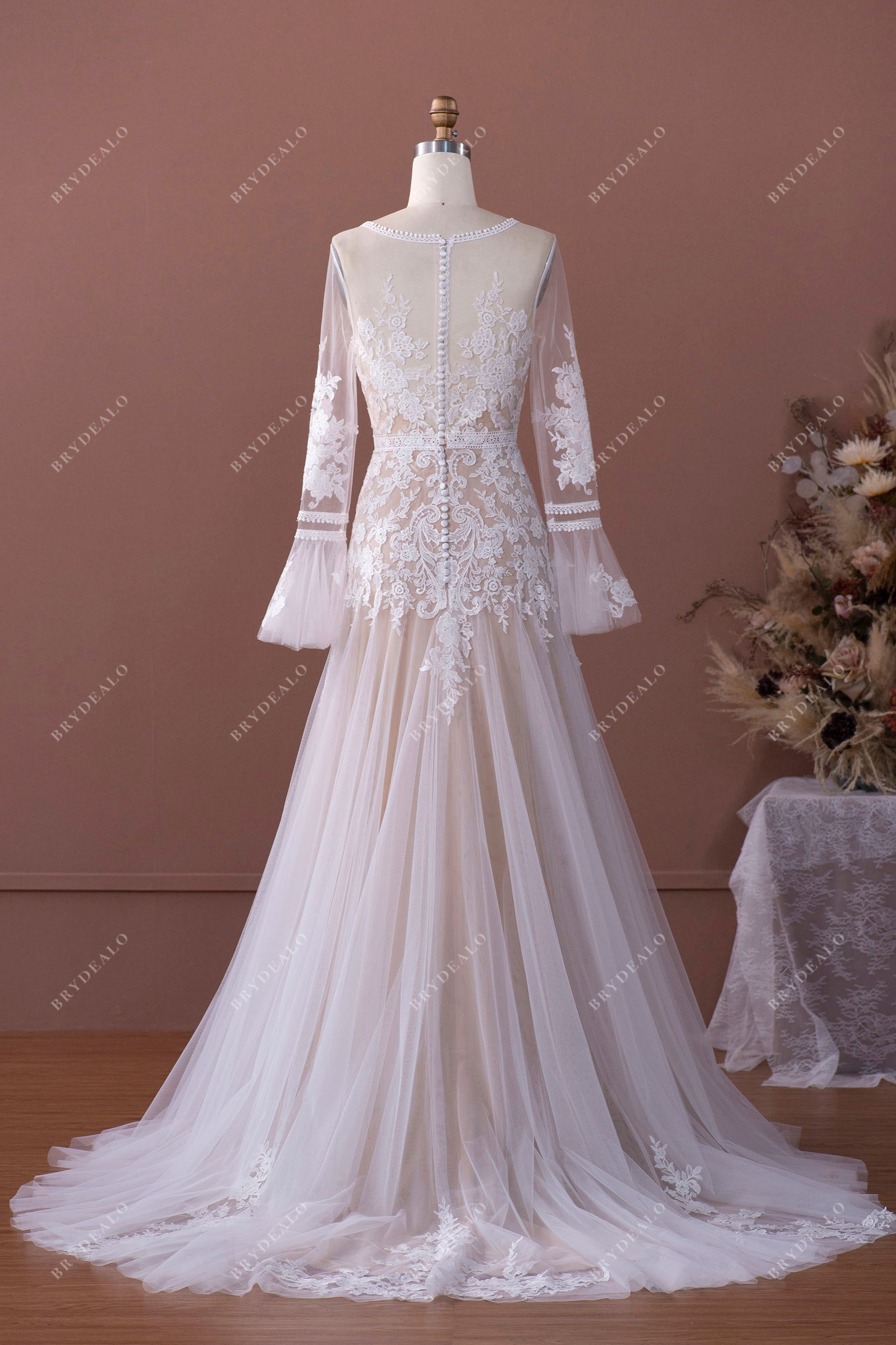 Romantic Bell Sleeve Boho Lace Wedding Dress Online