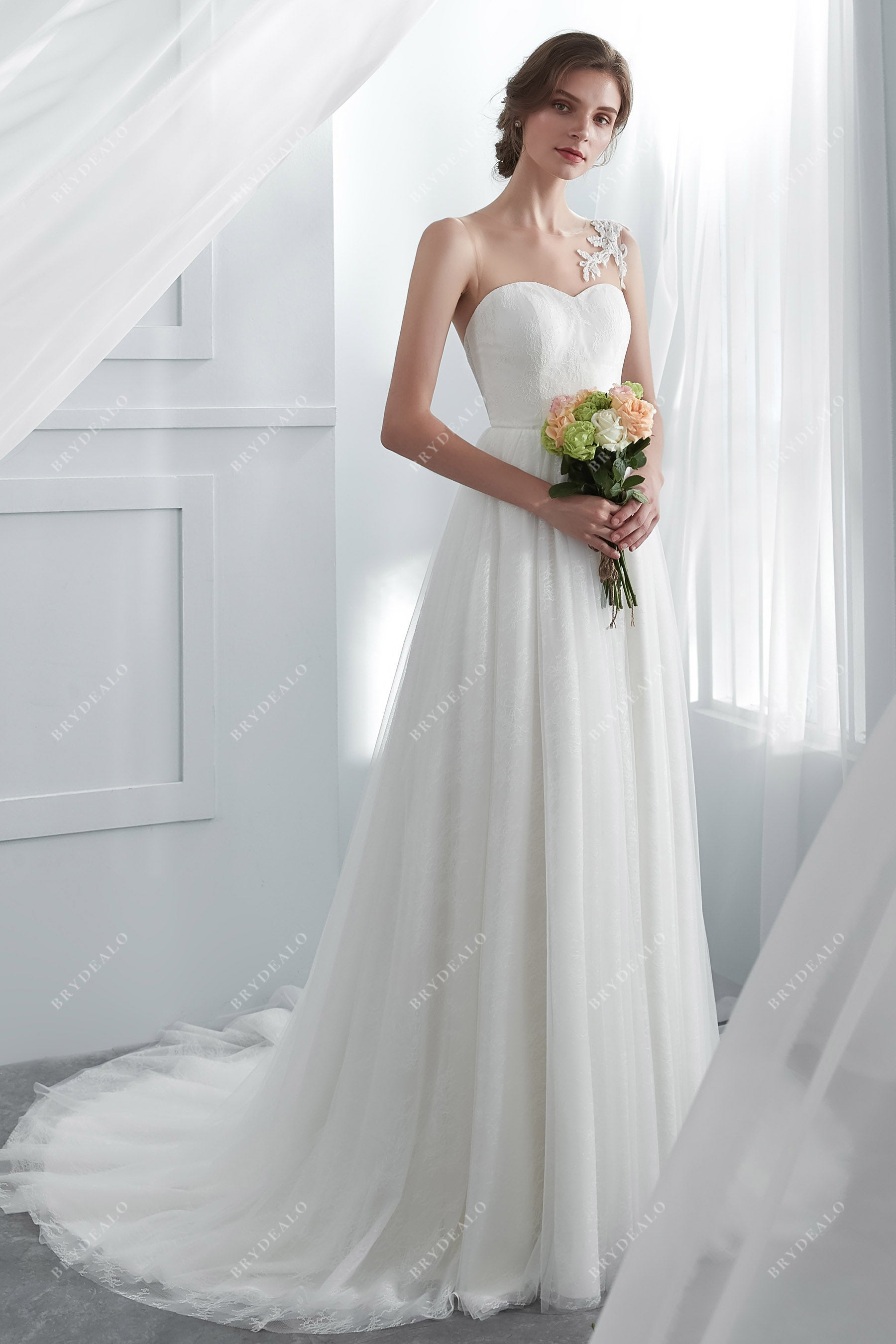 Designer Beaded Lace Illusion A-line Bridal Gown