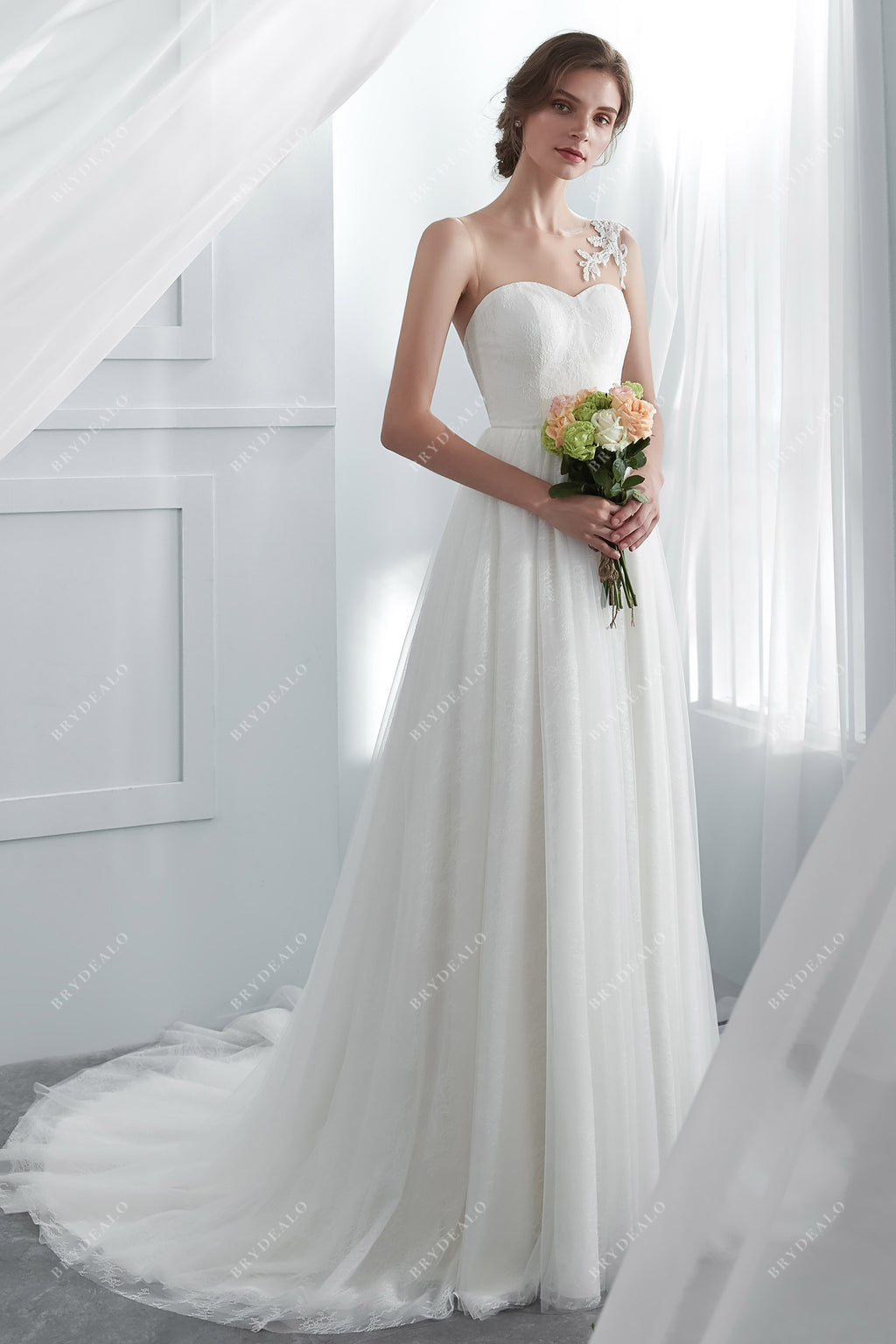 Illusion Sleeved Beaded Lace A-line Wedding Dress