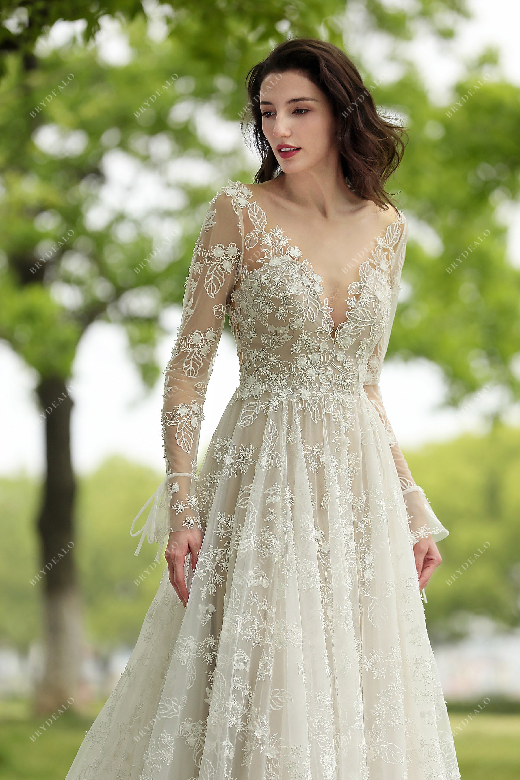 romantic long sleeve flower wedding dress