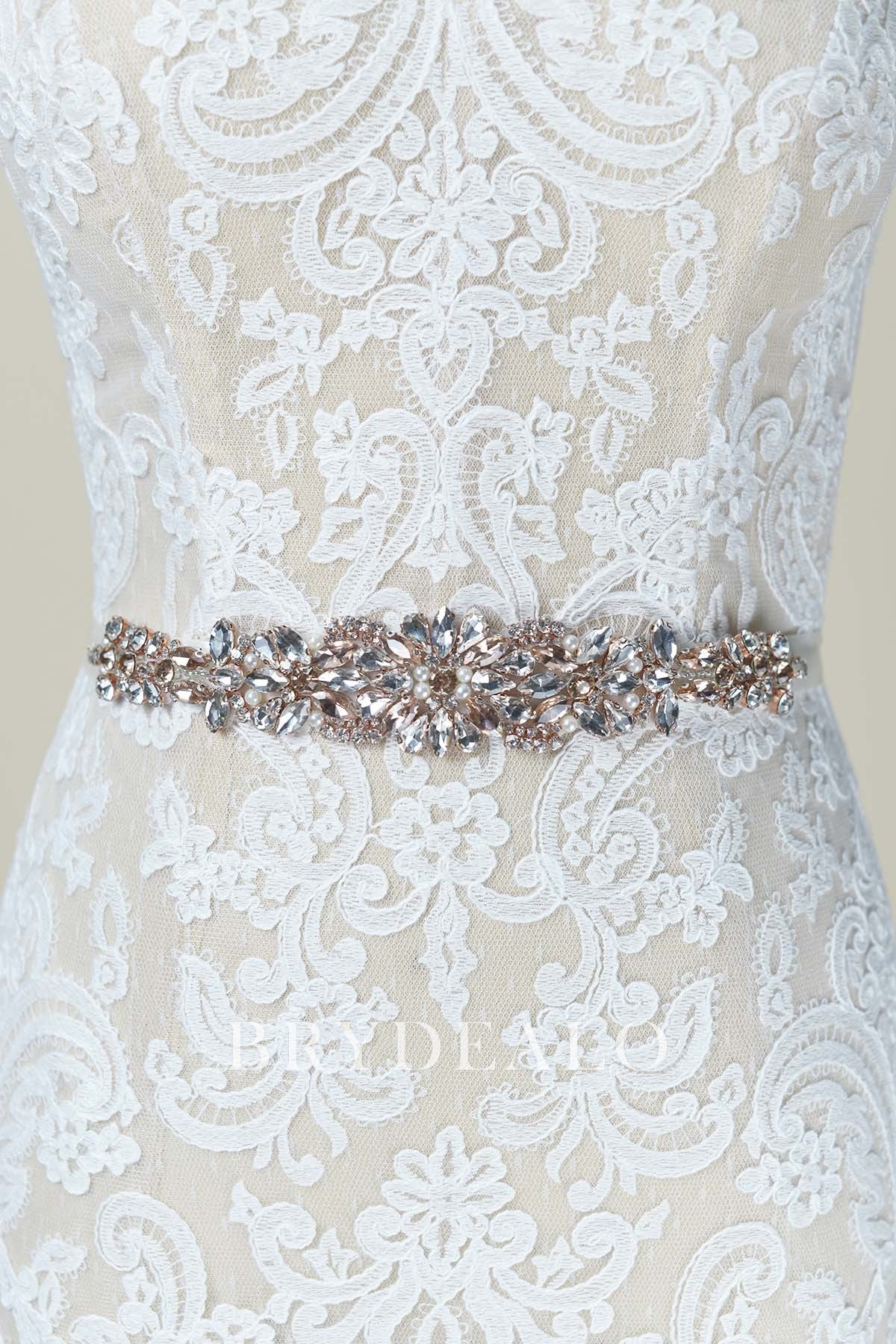 Rose Gold Pearl and Rhinestone Blossom Medallion Sash