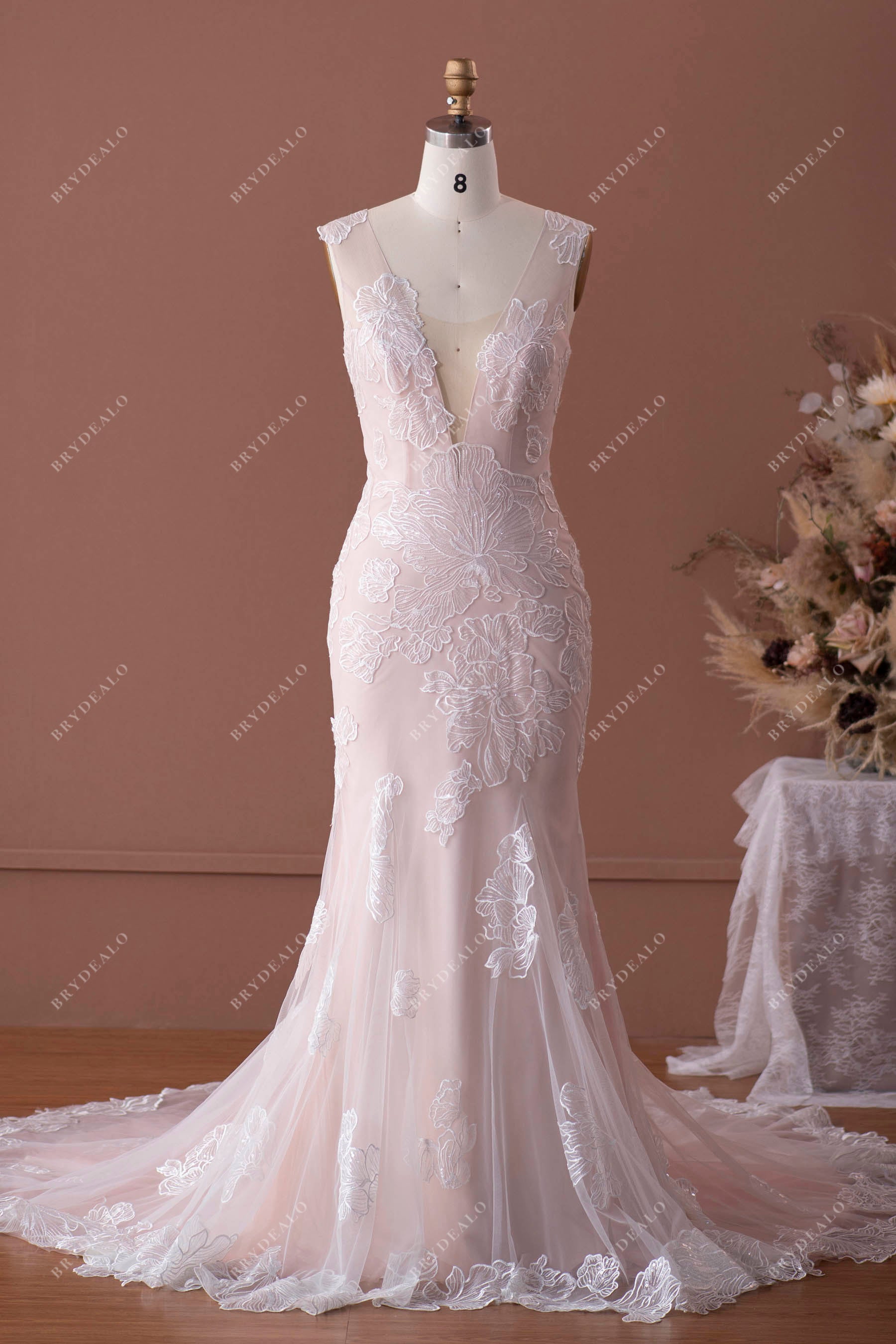Dusty Rose Lace Mermaid Bridal Gown
