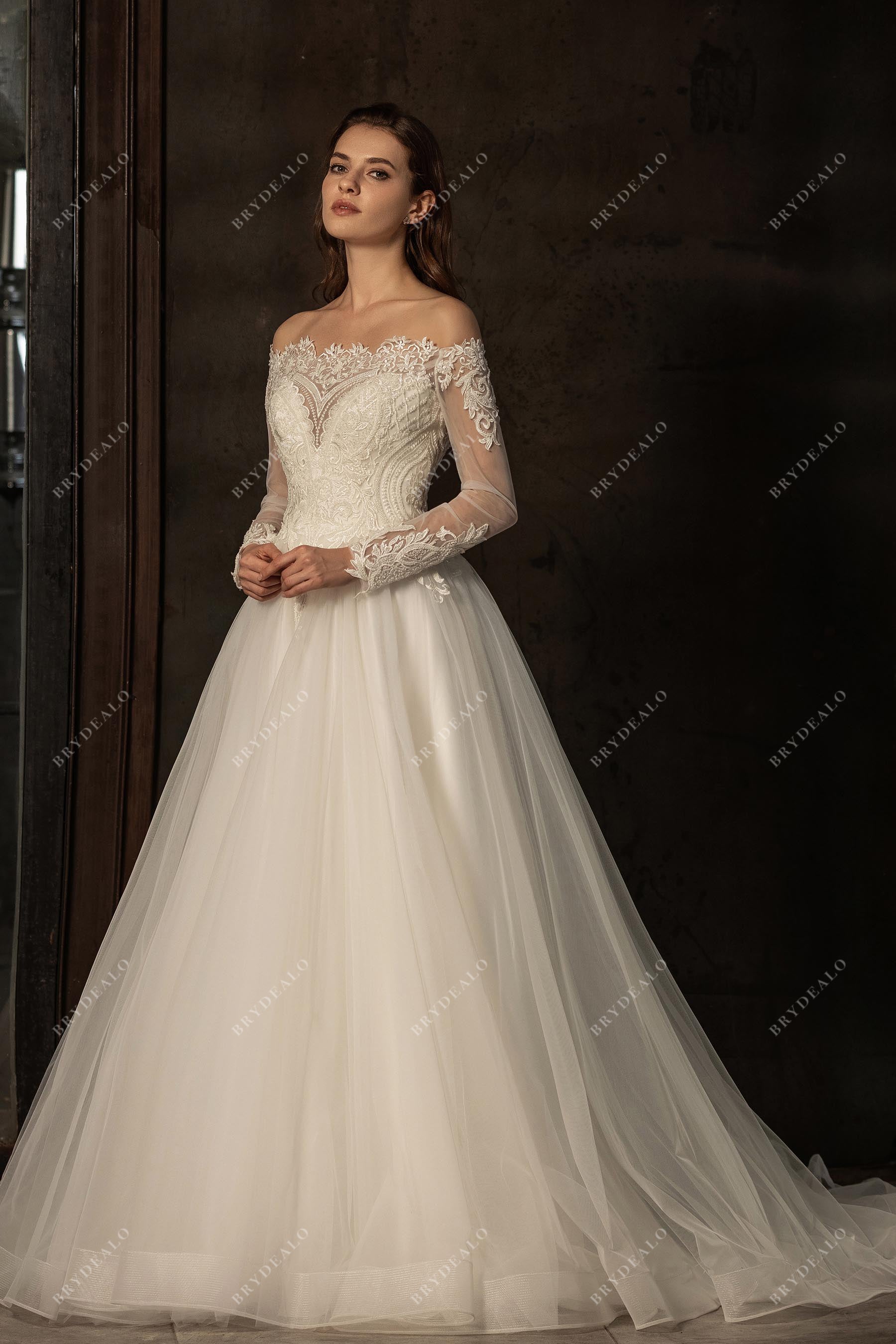royal illusion long sleeve beaded lace tulle A-line bridal gown