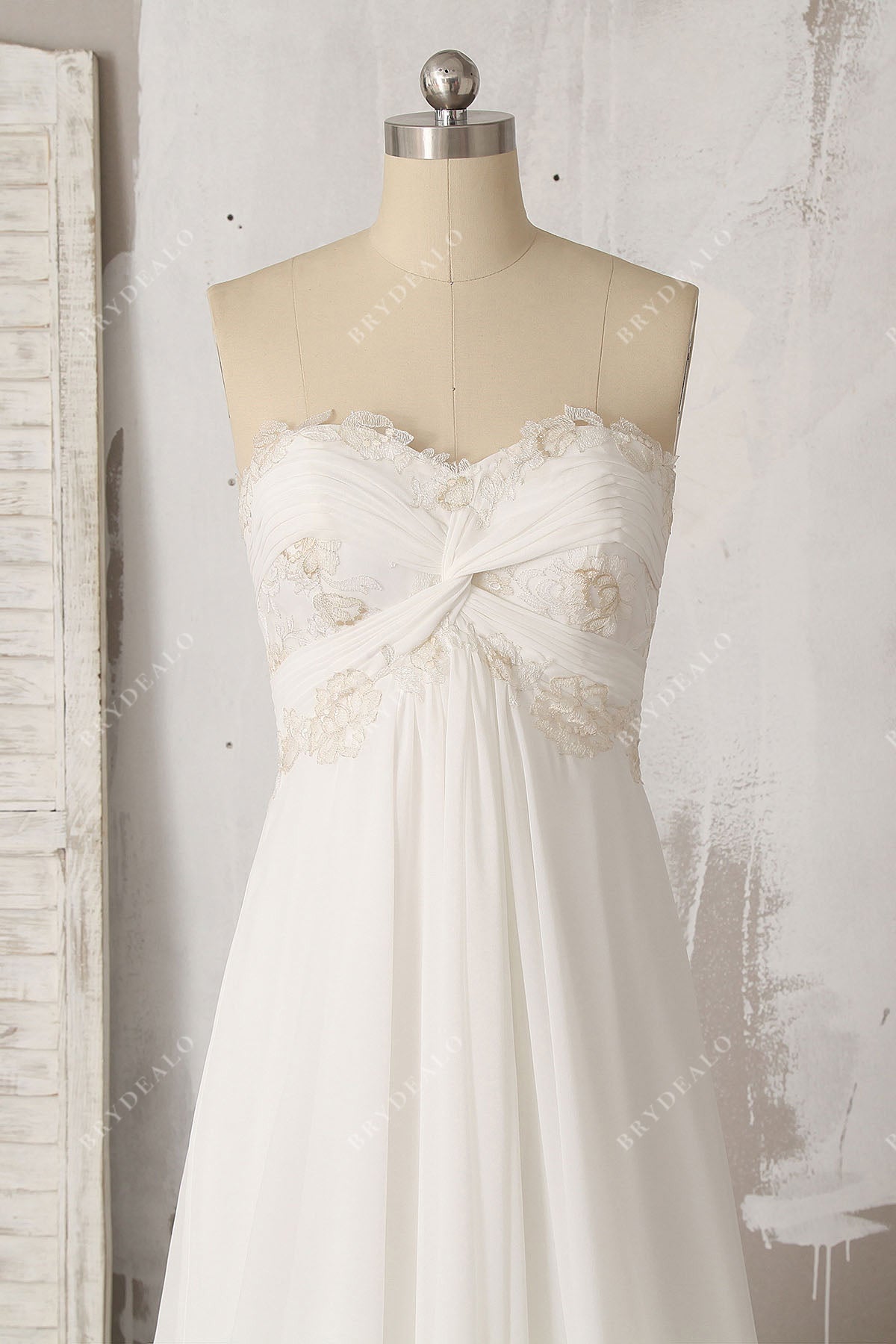 ruched chiffon lace empire beach wedding gown