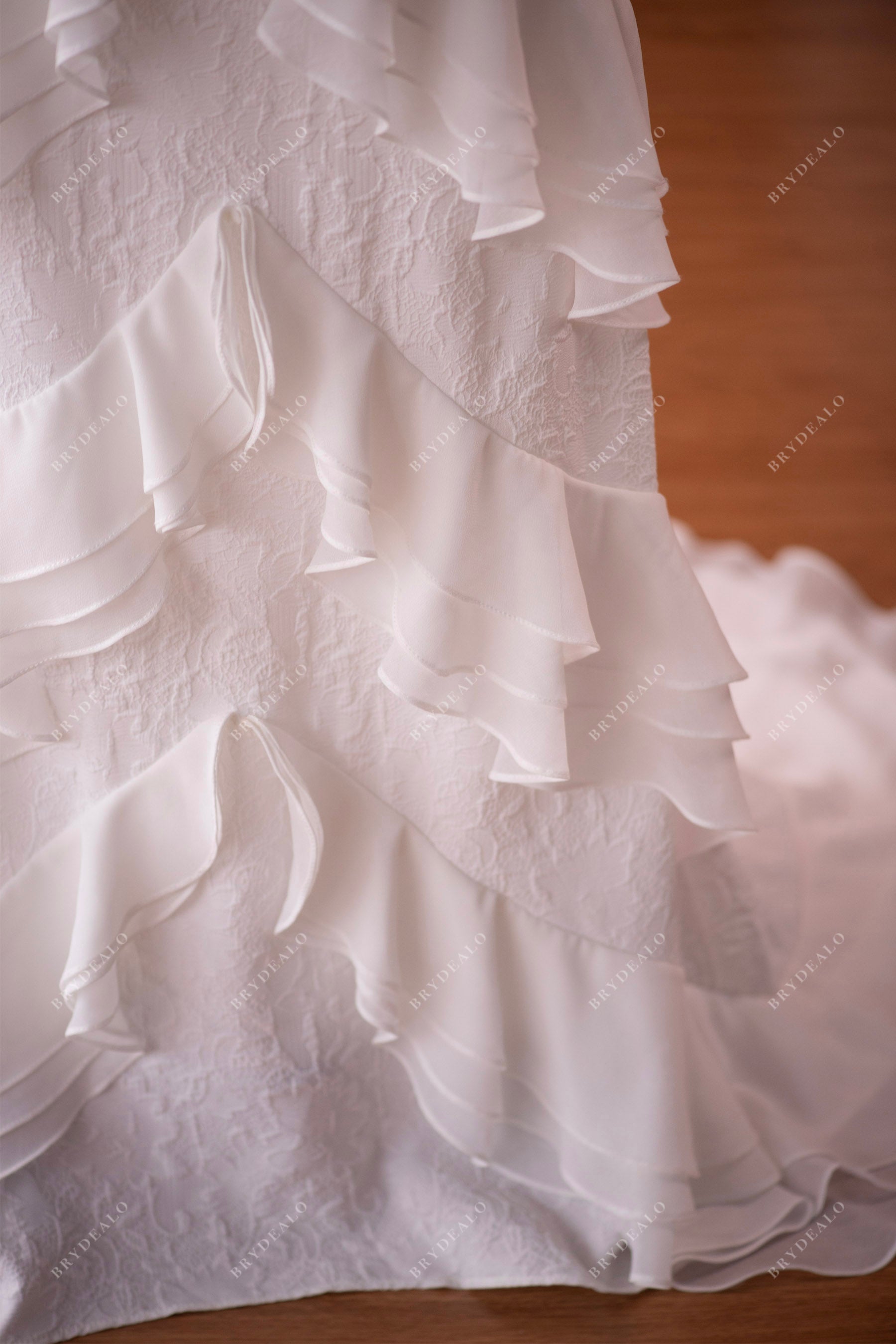 ruffled chiffon lace fit flare wedding dress