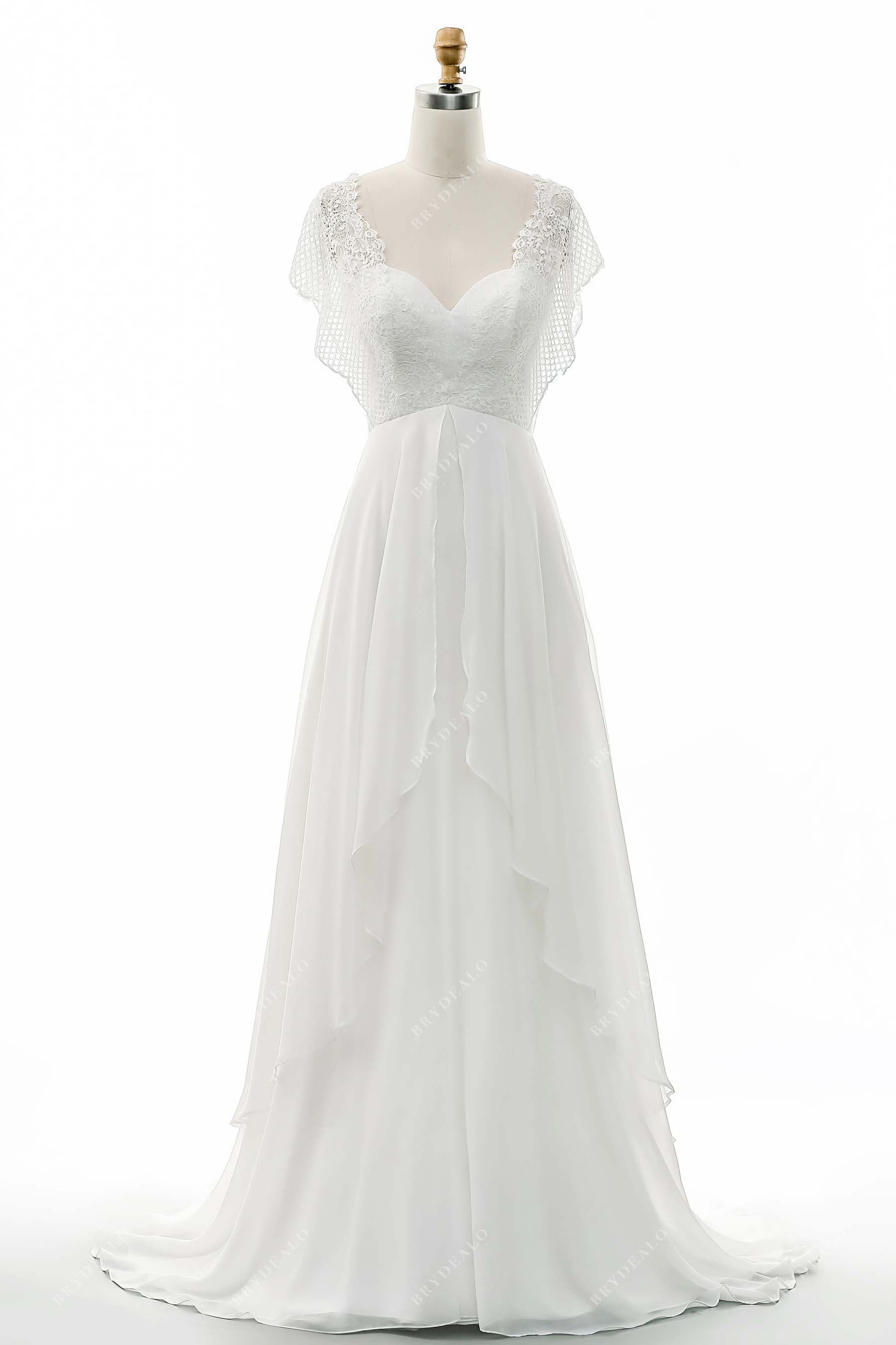 Ruffled Sleeve Lace Chiffon A-line Wedding Dress