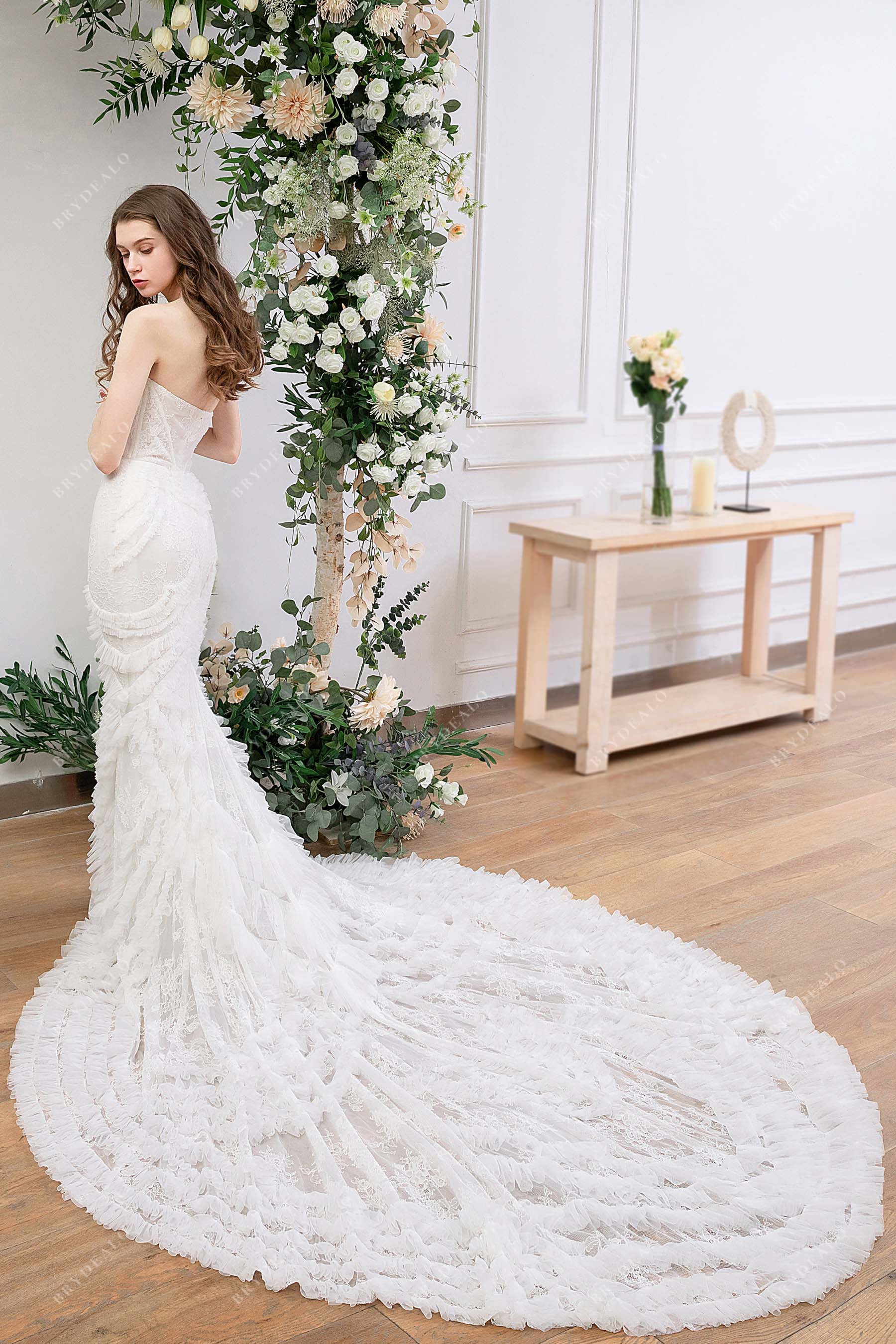 Ruffled Tulle Long Train Strapless Lace Corset Mermaid Wedding Dress