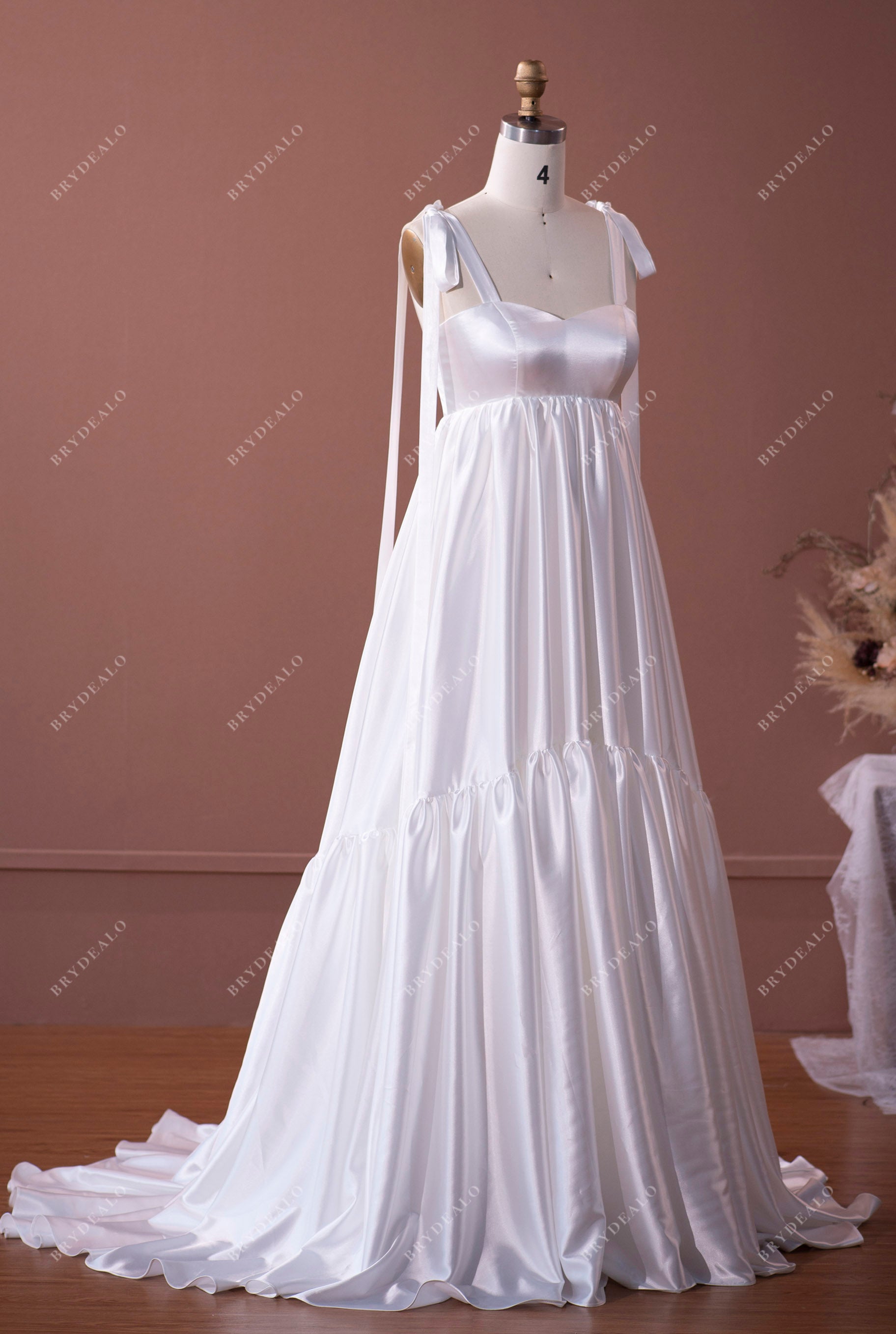 satin straps A-line tiered wedding dress