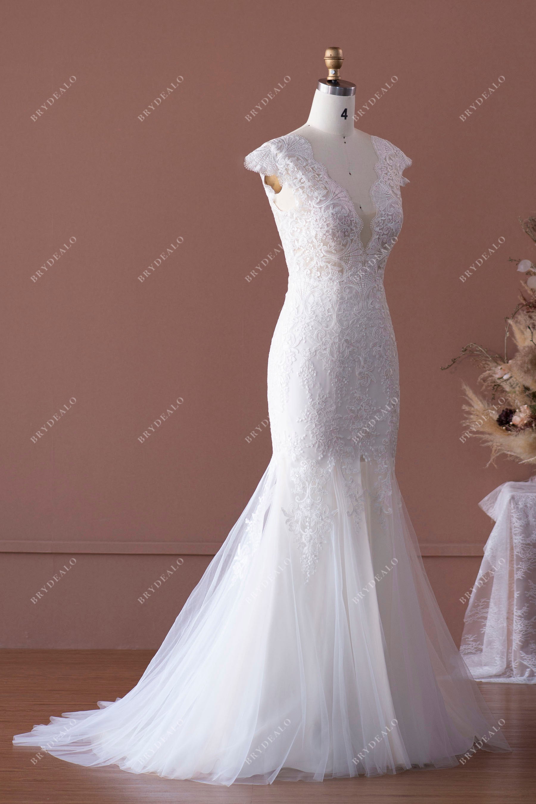 scalloped neck lace fit and flare wedding dress for wholesale