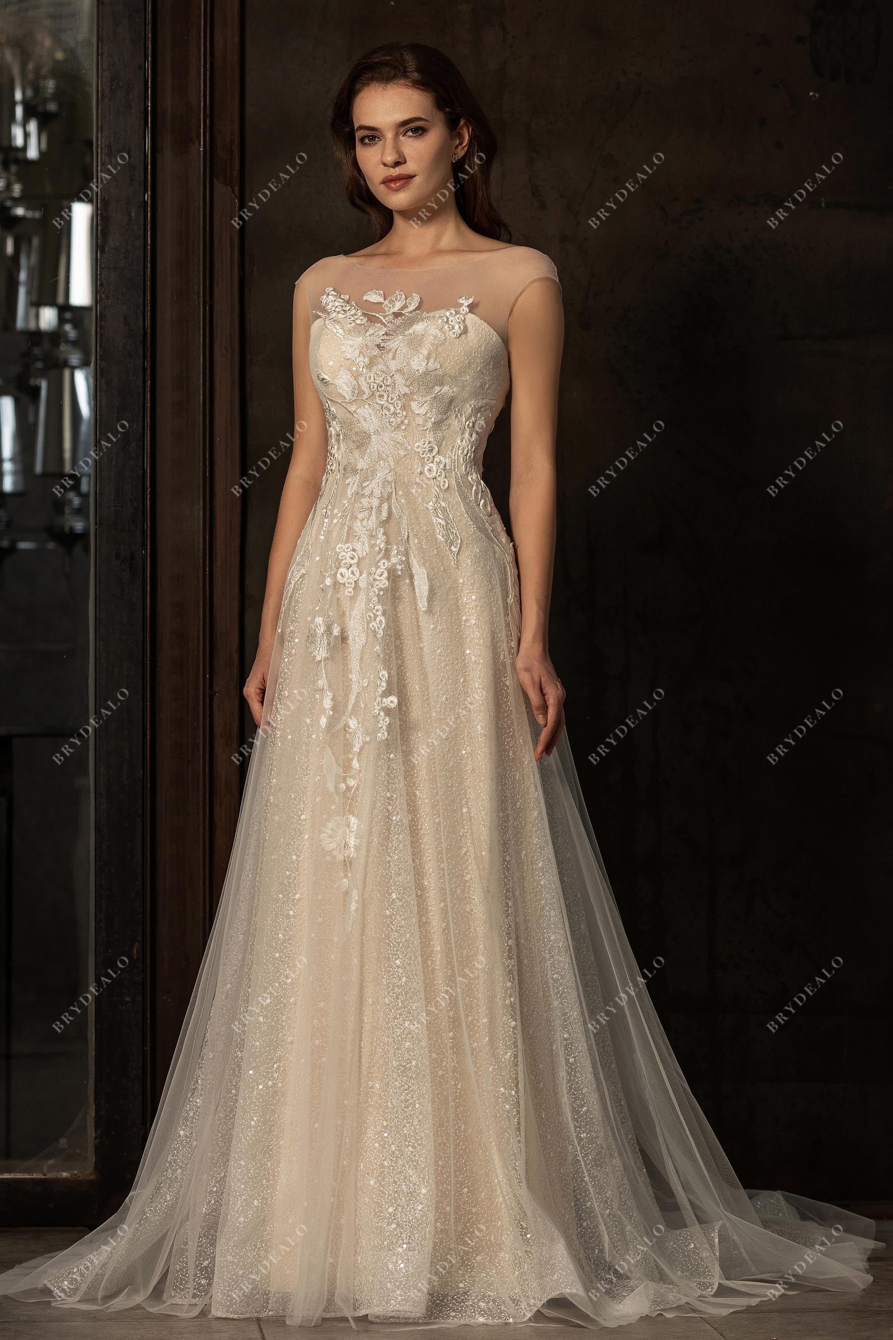 sequin lace tulle A-line illusion cap sleeve wedding dress