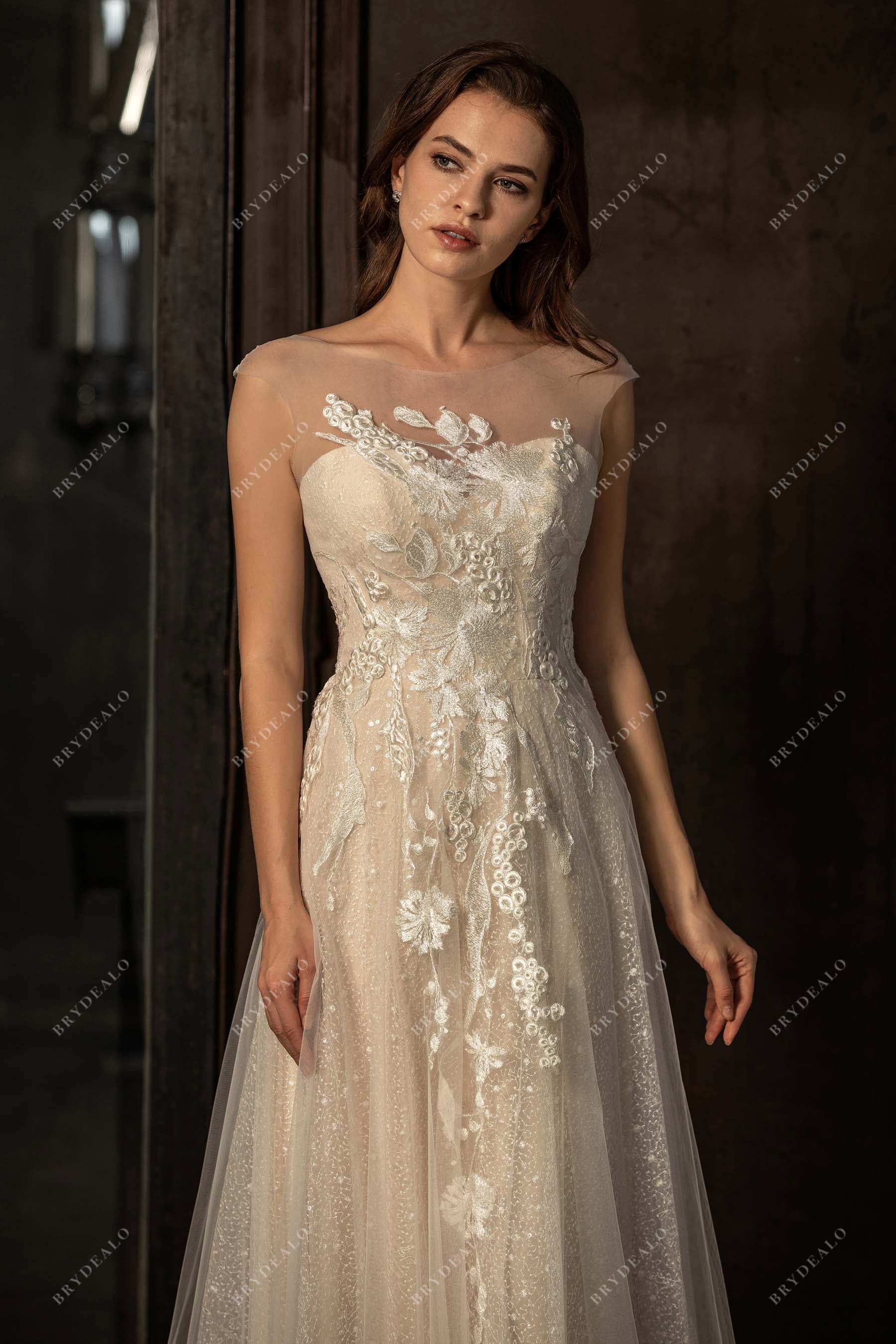 sequin lace tulle A-line illusion neck wedding gown