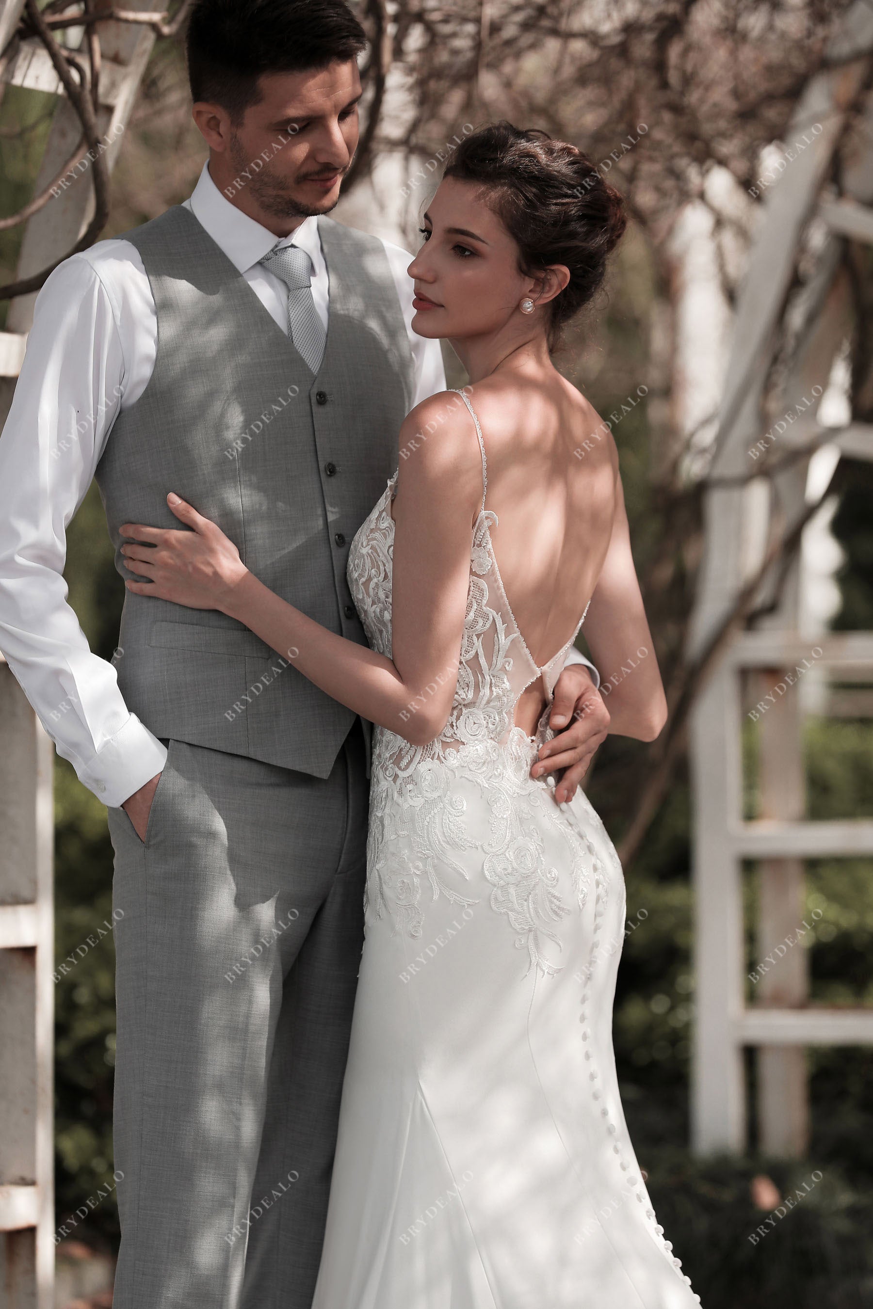 sexy lace crepe long mermaid bridal gown with open back