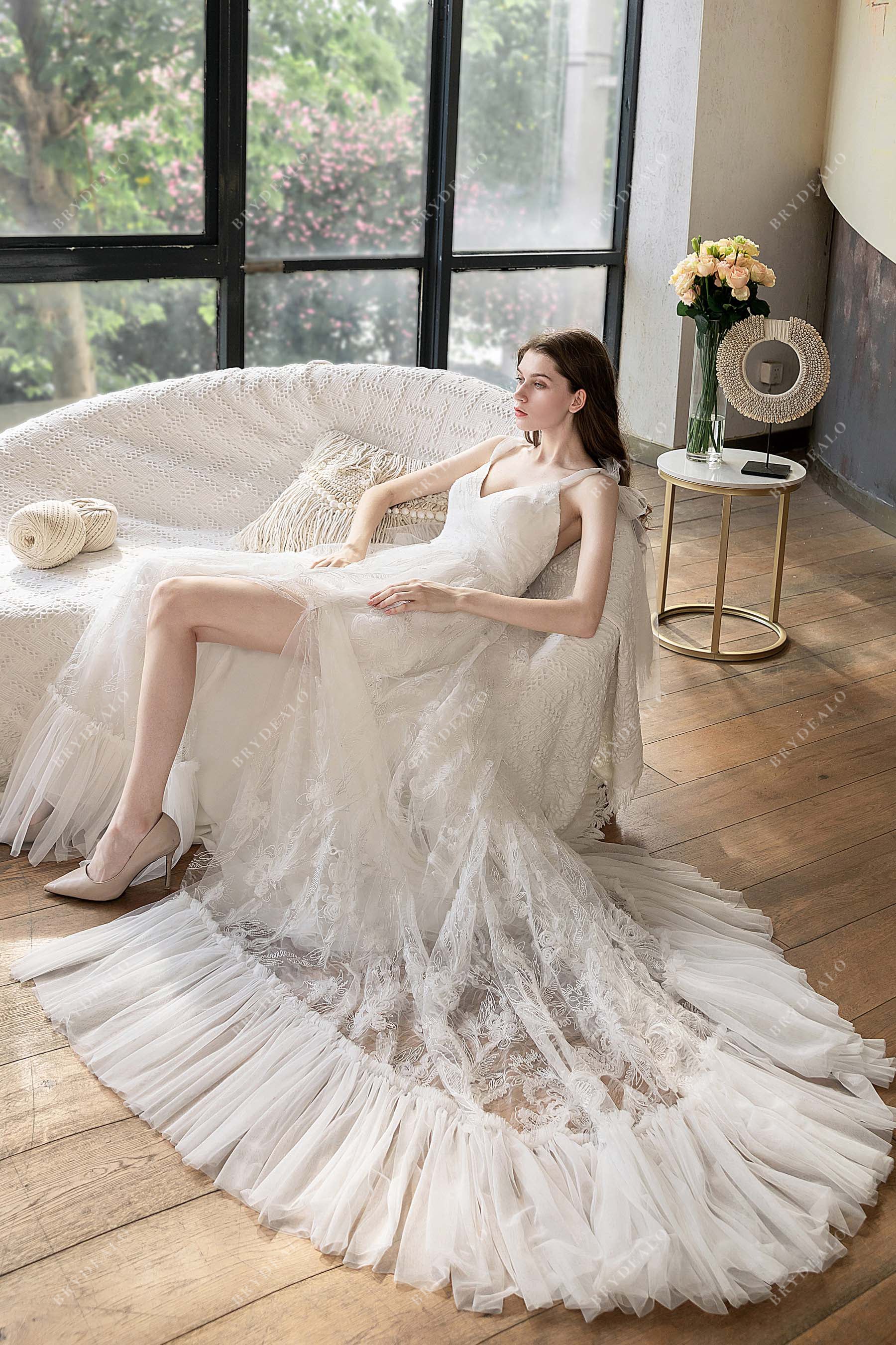 Sexy Thigh High Slit Ruffled A-line Lace Wedding Dress