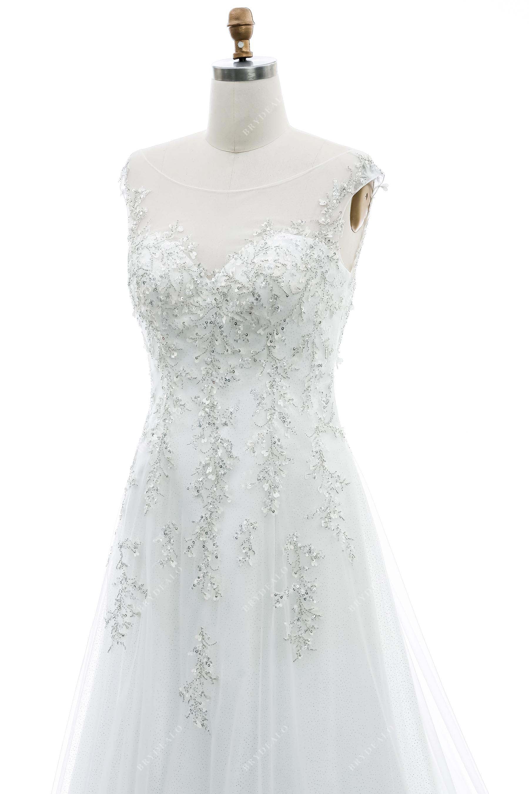 sheer bateau neck beaded lace bridal dress