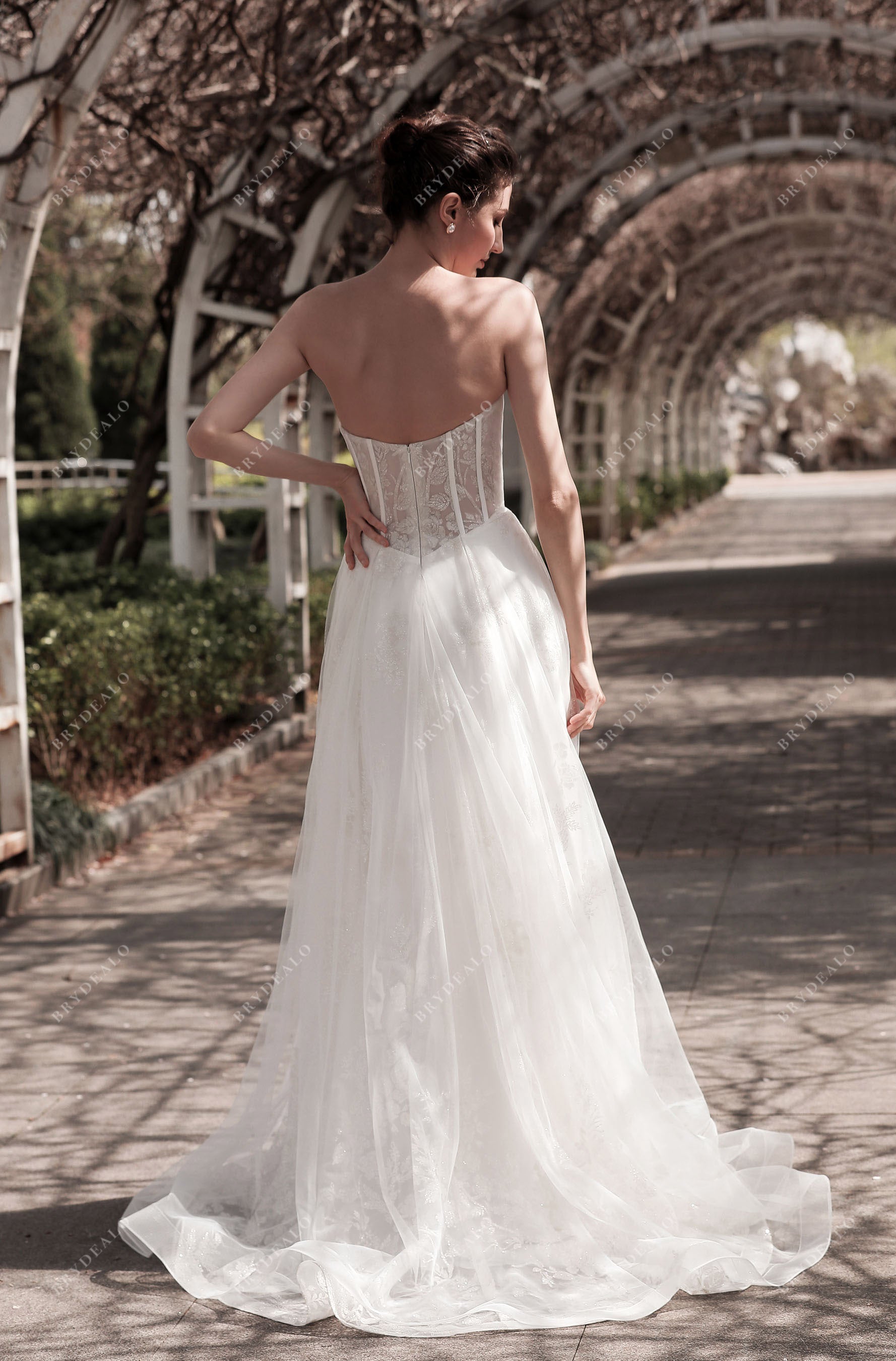 strapless lace illusion corset wedding gown