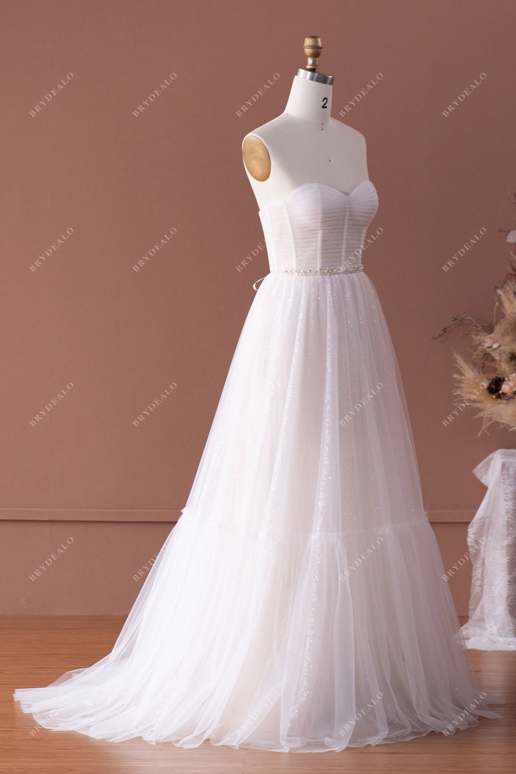 sheer strapless sweetheart corset tulle A-line beach wedding dress 
