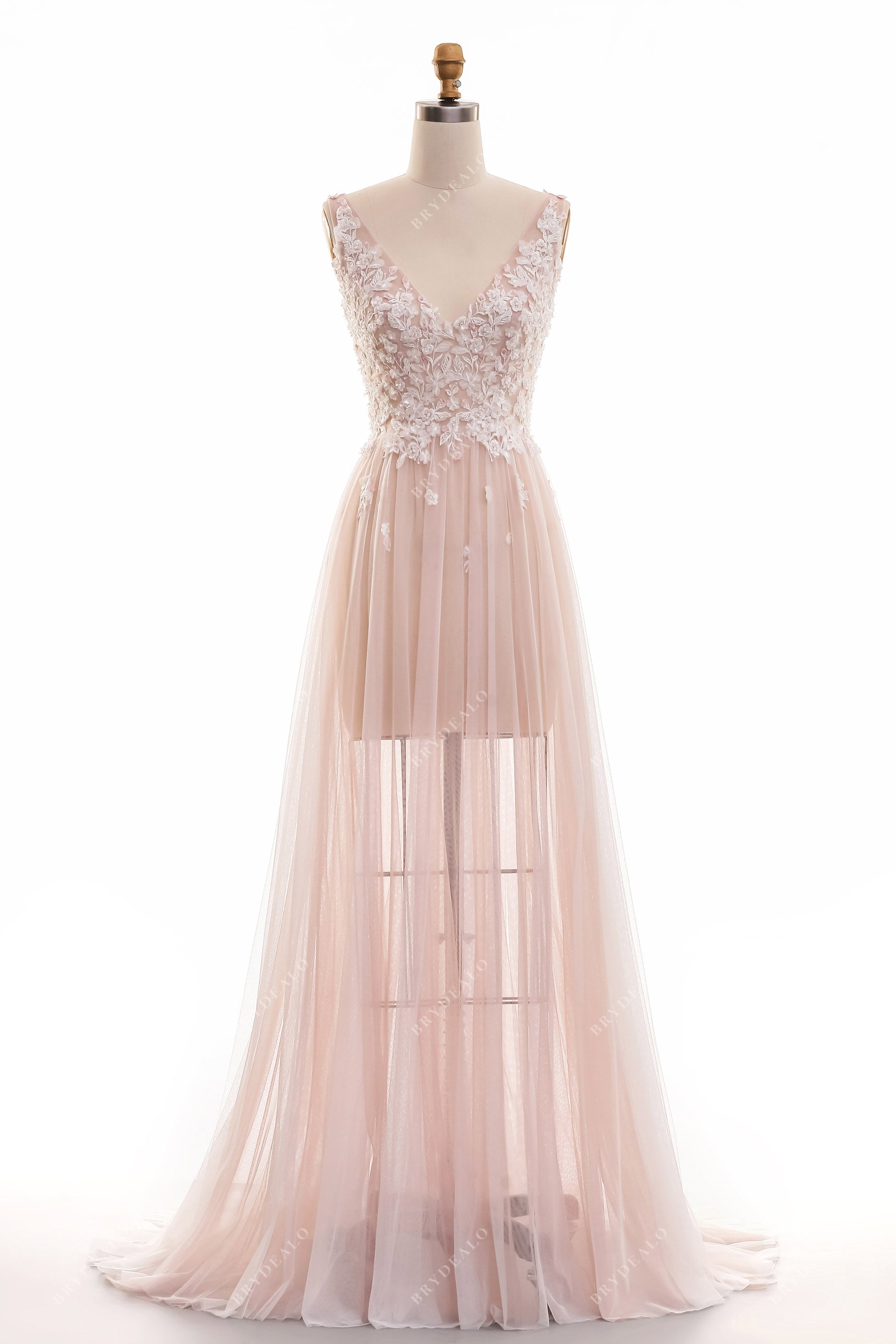 Sheer Dusty Rose Beach A-line Wedding Dress