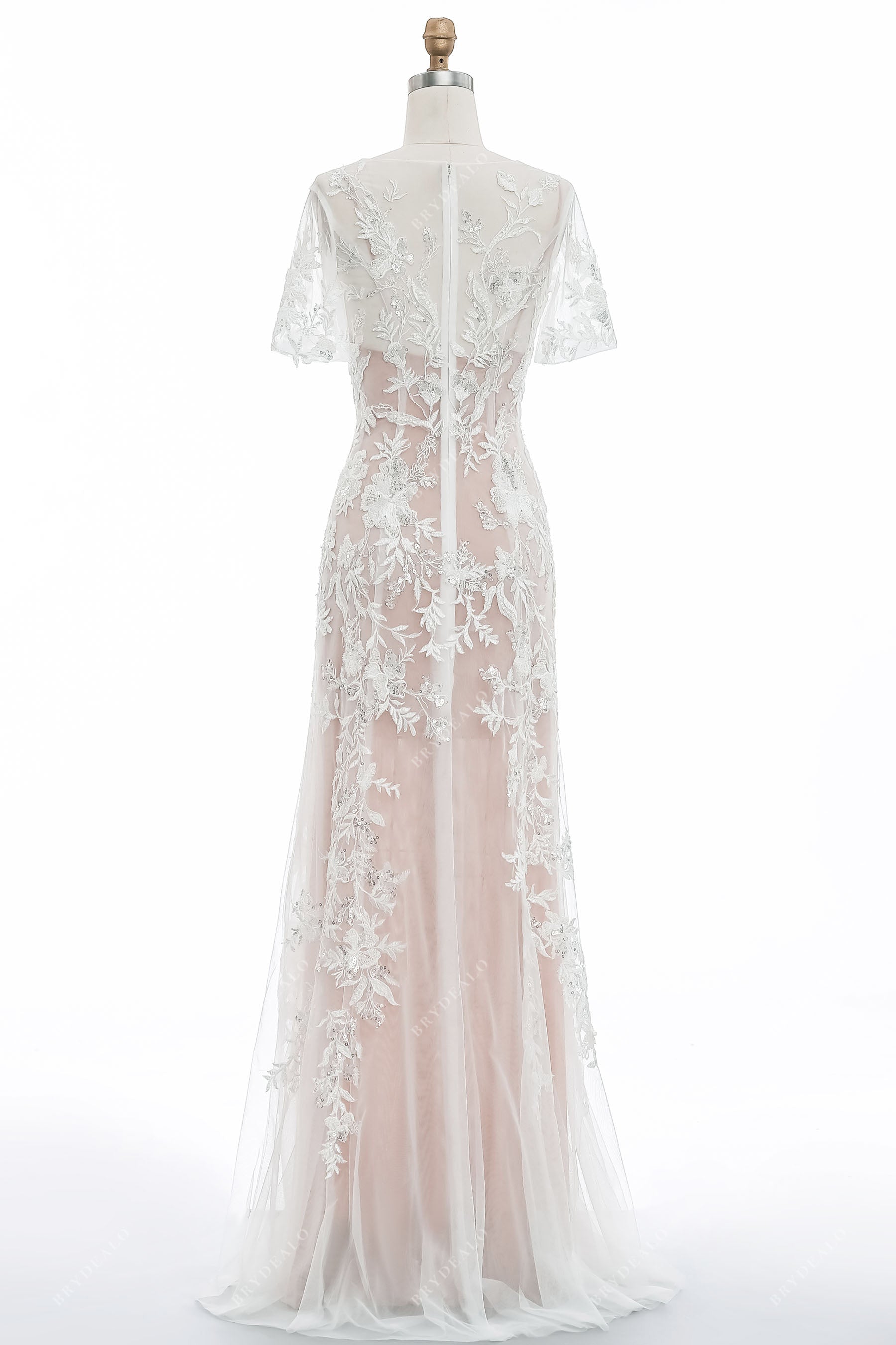 sheer flutter sleeves beaded lace bridal dress