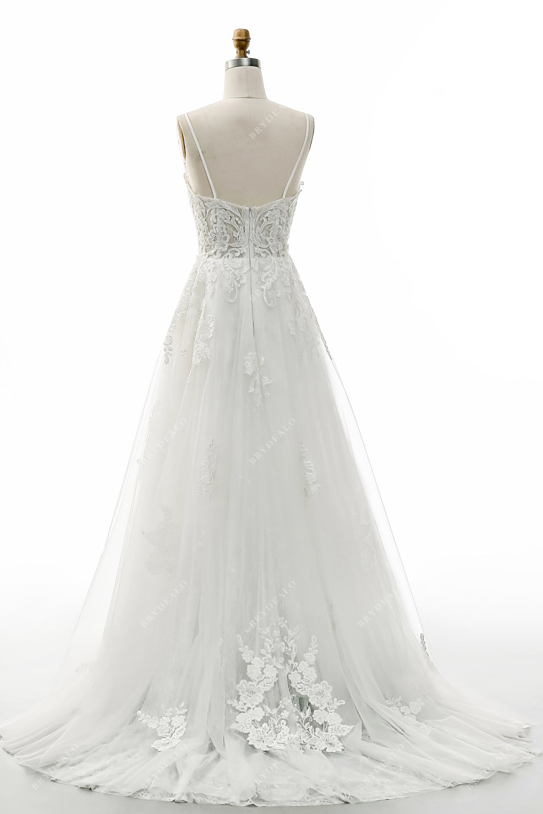 sheer lace corset lace A-line tulle chapel train bridal gown