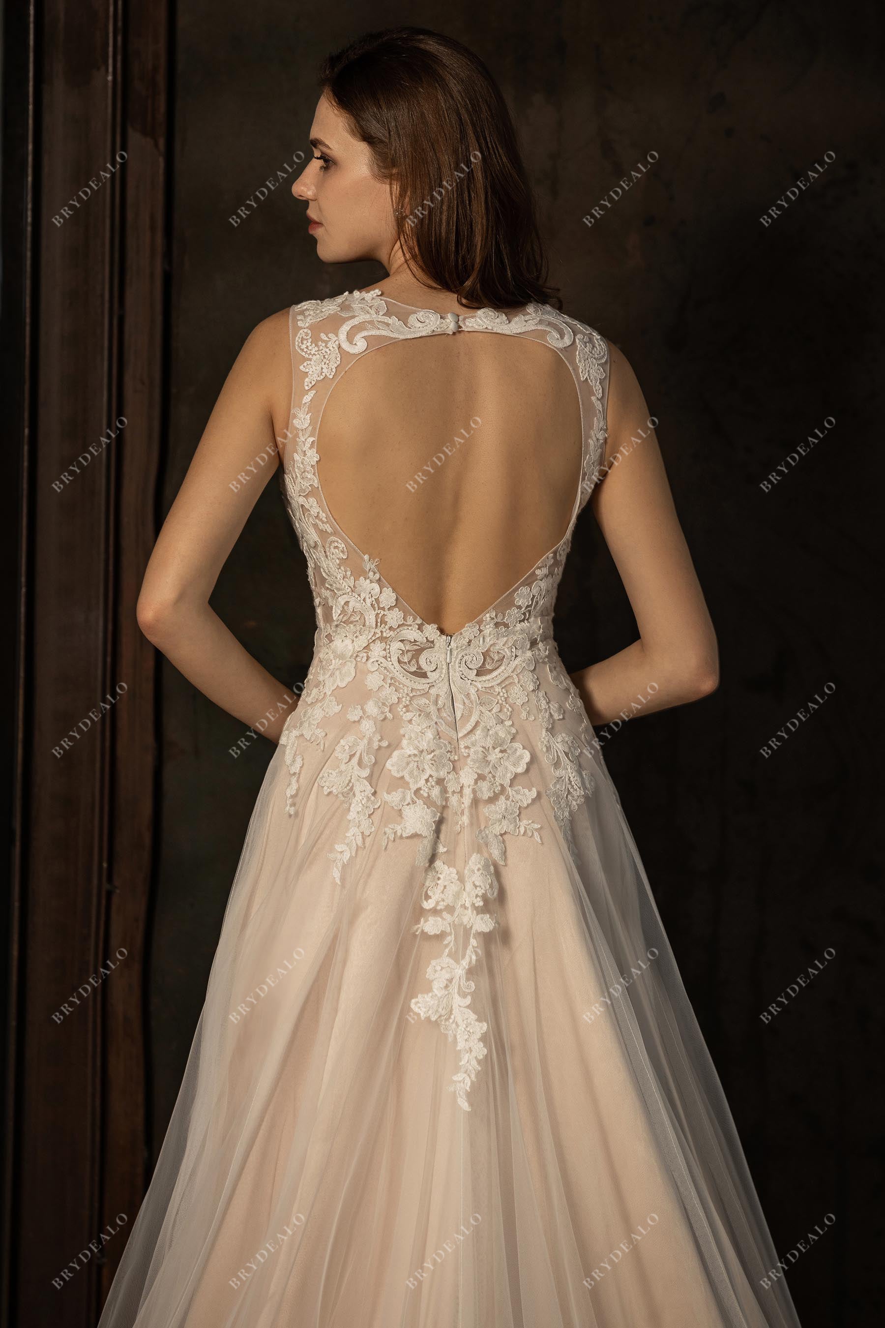 sheer lace heart shaped open back bridal dress