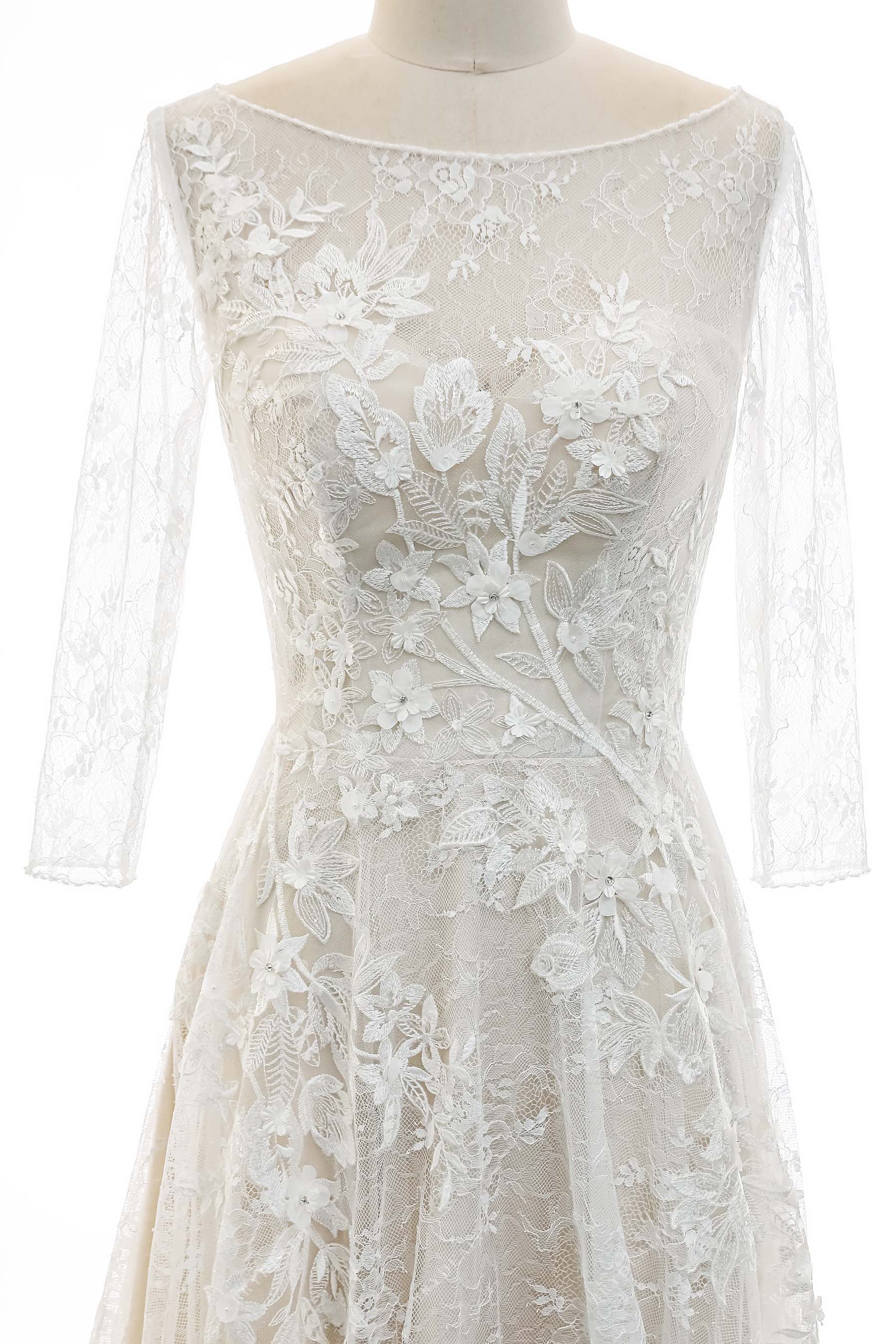 sheer lace sleeves bateau neck bridal dress 