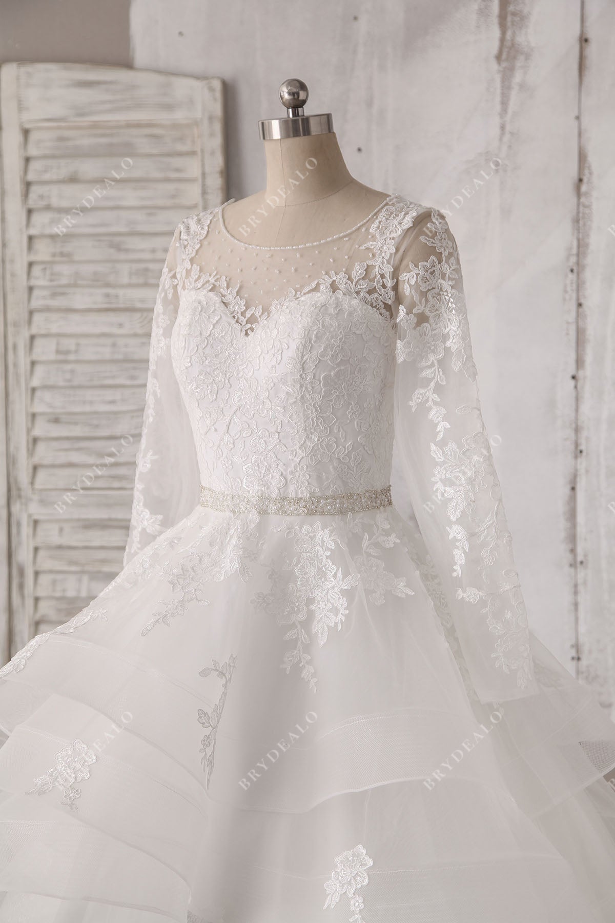 sheer sleeved beaded lace tulle wedding dress