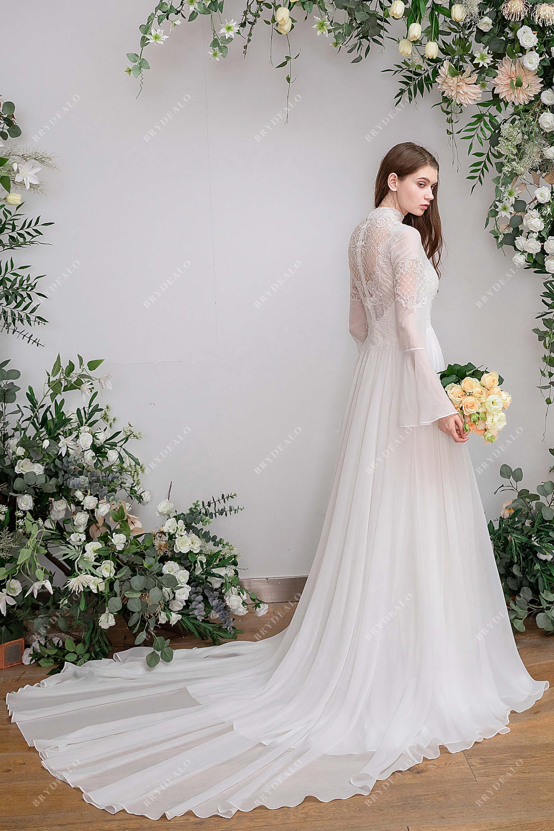 sheer sleeves A-line chiffon lightweight lace bridal dress