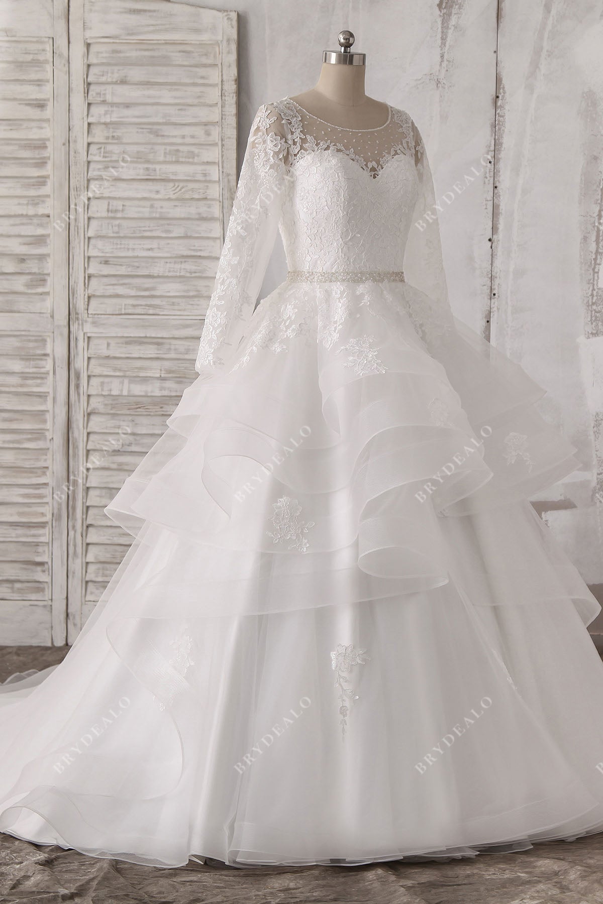 sheer sleeves beaded lace tulle ruffled wedding ball gown