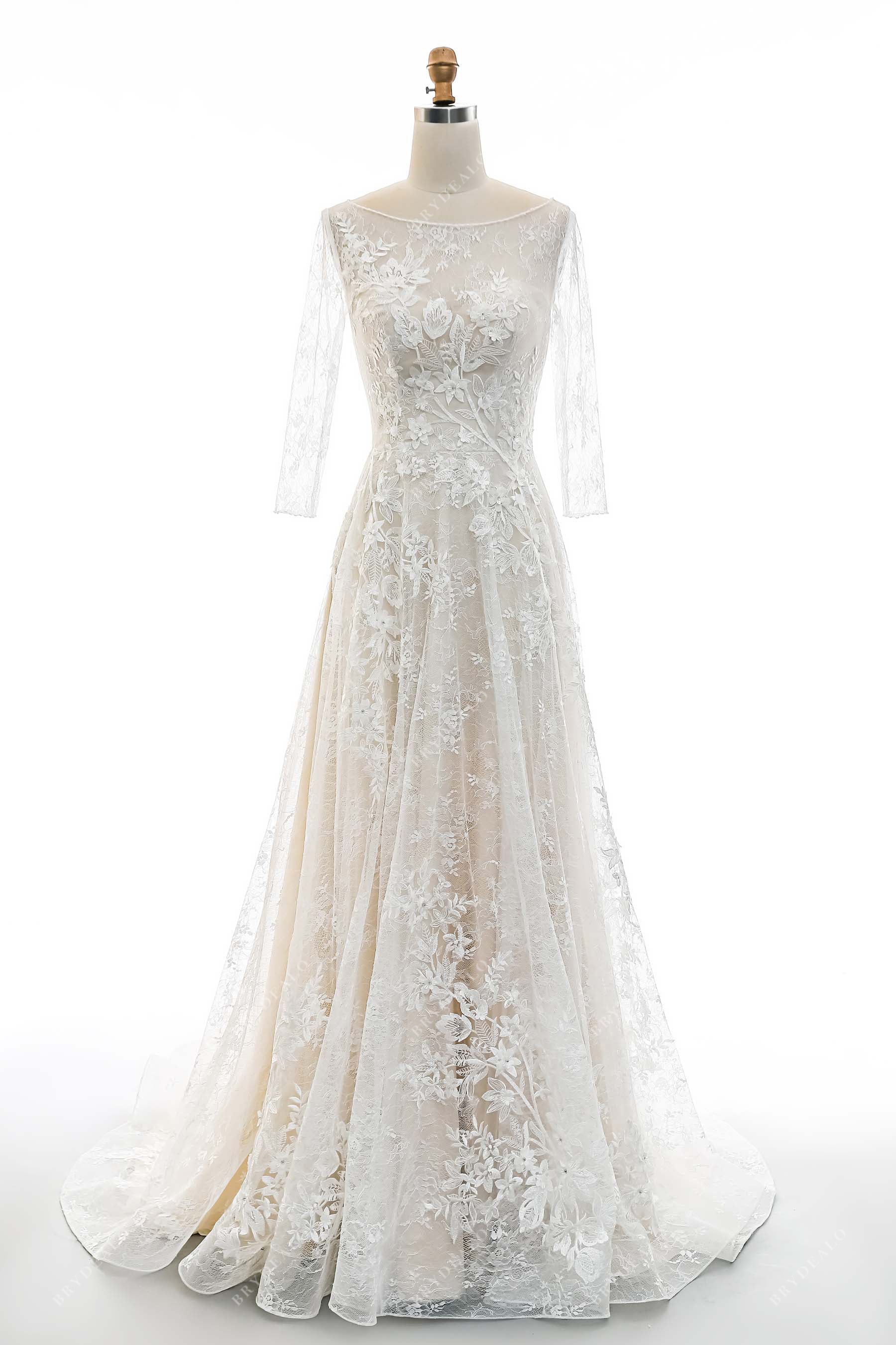 sheer sleeves lace A-line bridal dress