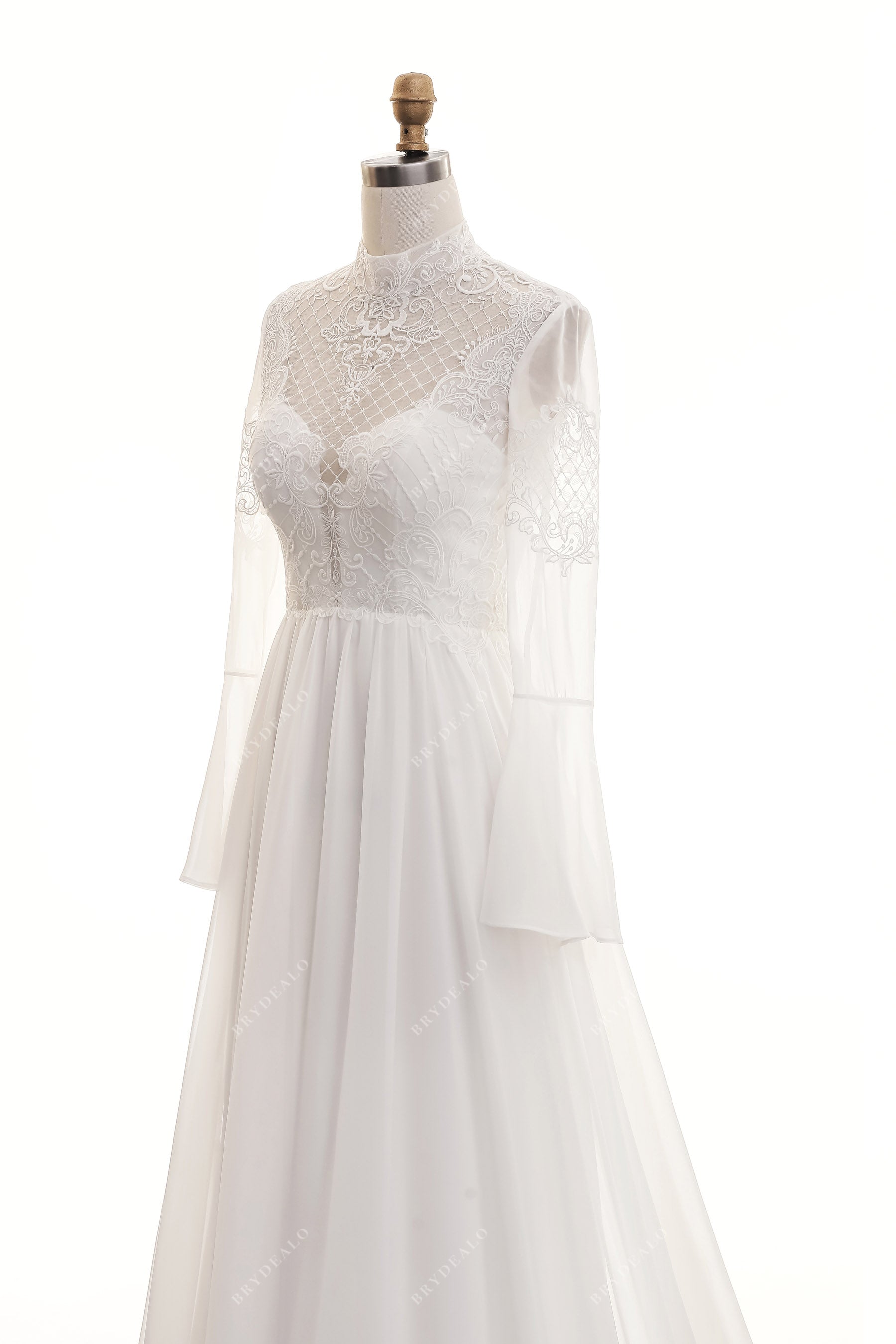 sheer sleeves lace high neck wedding gown