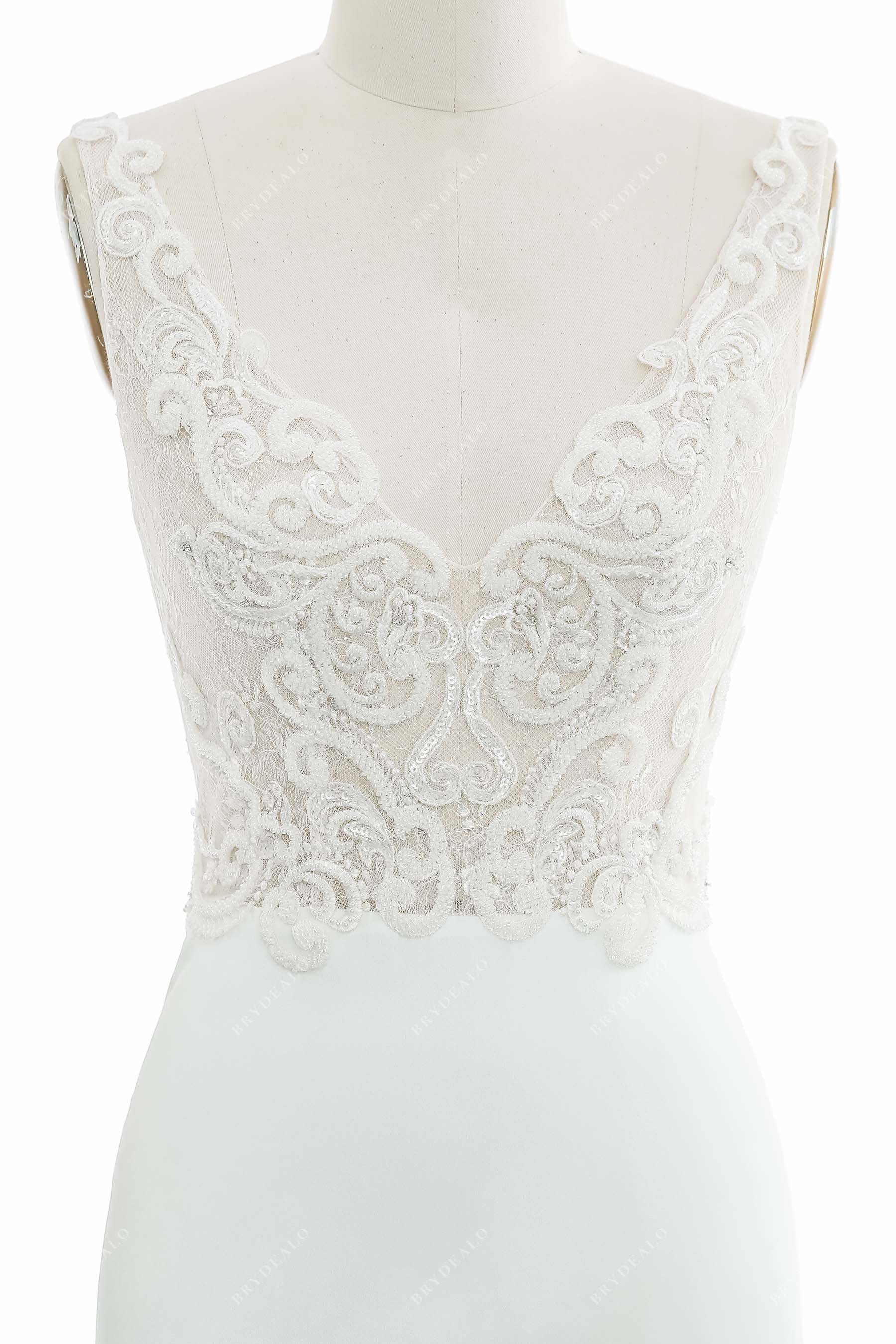 sheer V-neck beaded lace bridal dress