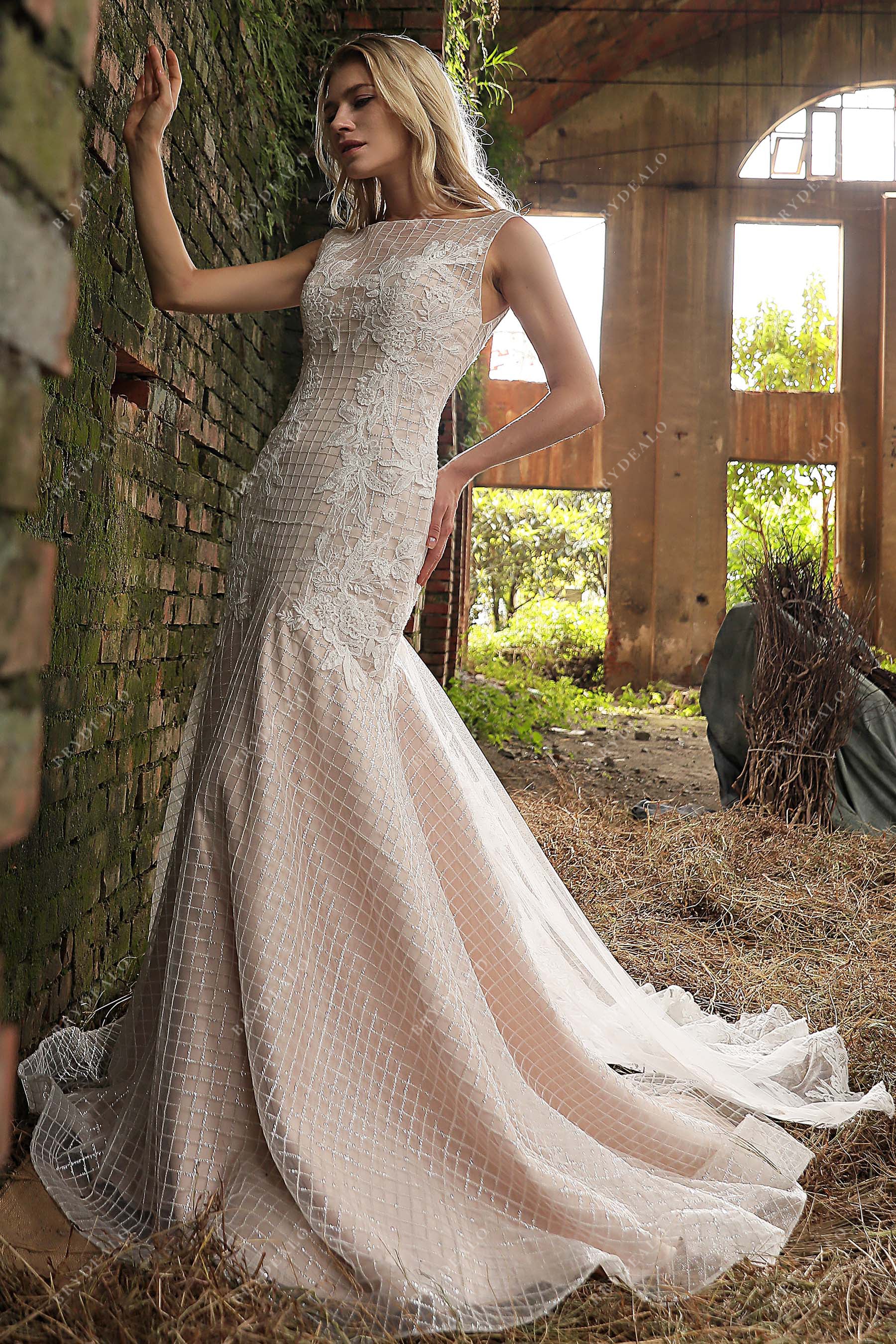 Shimmery Sequined Square Lace Mermaid Wedding Gown
