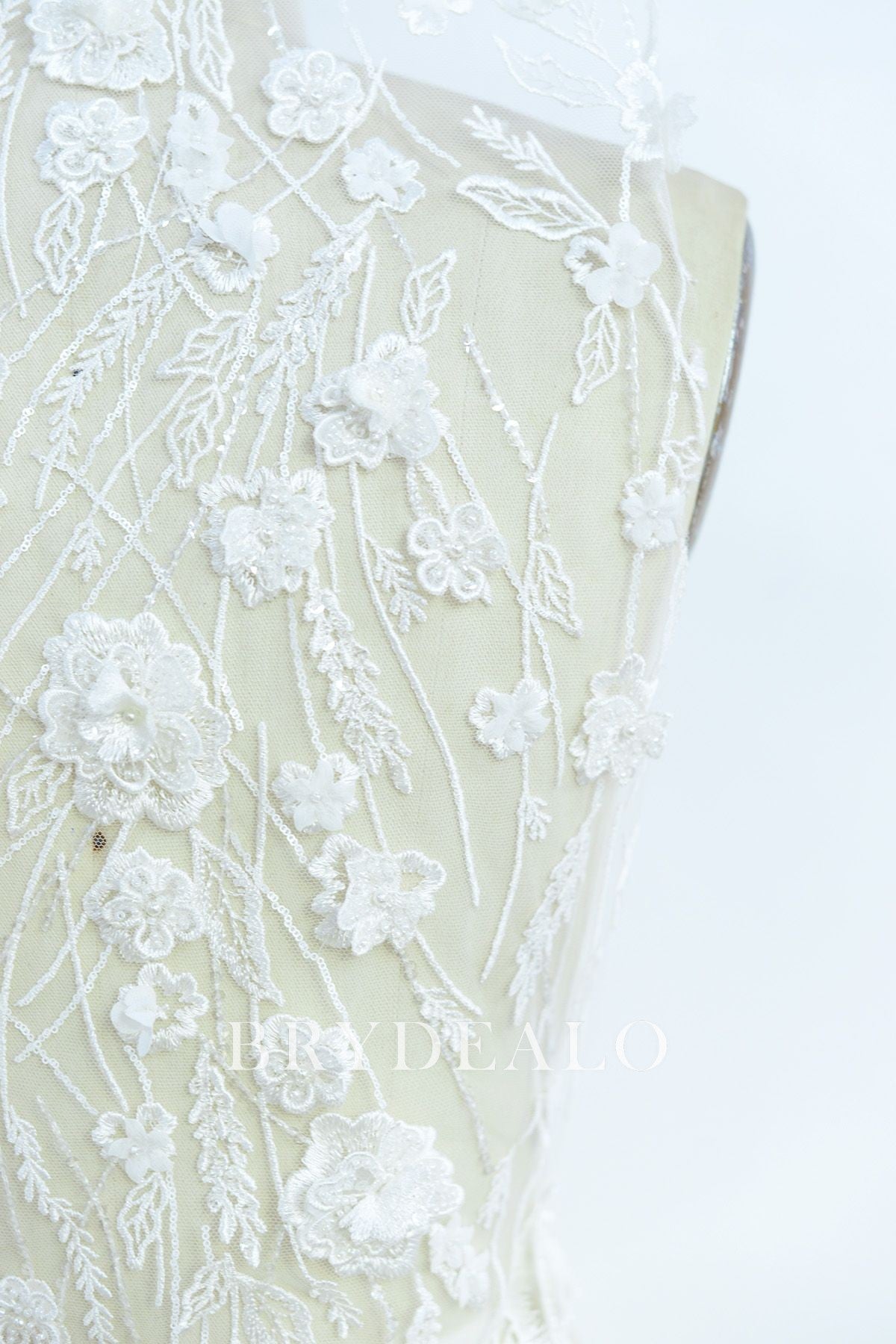 Shimmery Beaded 3D Flower Bridal Lace Fabric for Wholesale