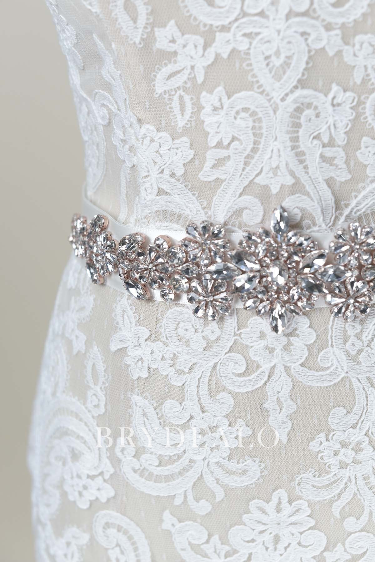 Shiny Ivory Satin Bridal Sash with Silver Rhinestone and Rose Gold Backing for Wholesale