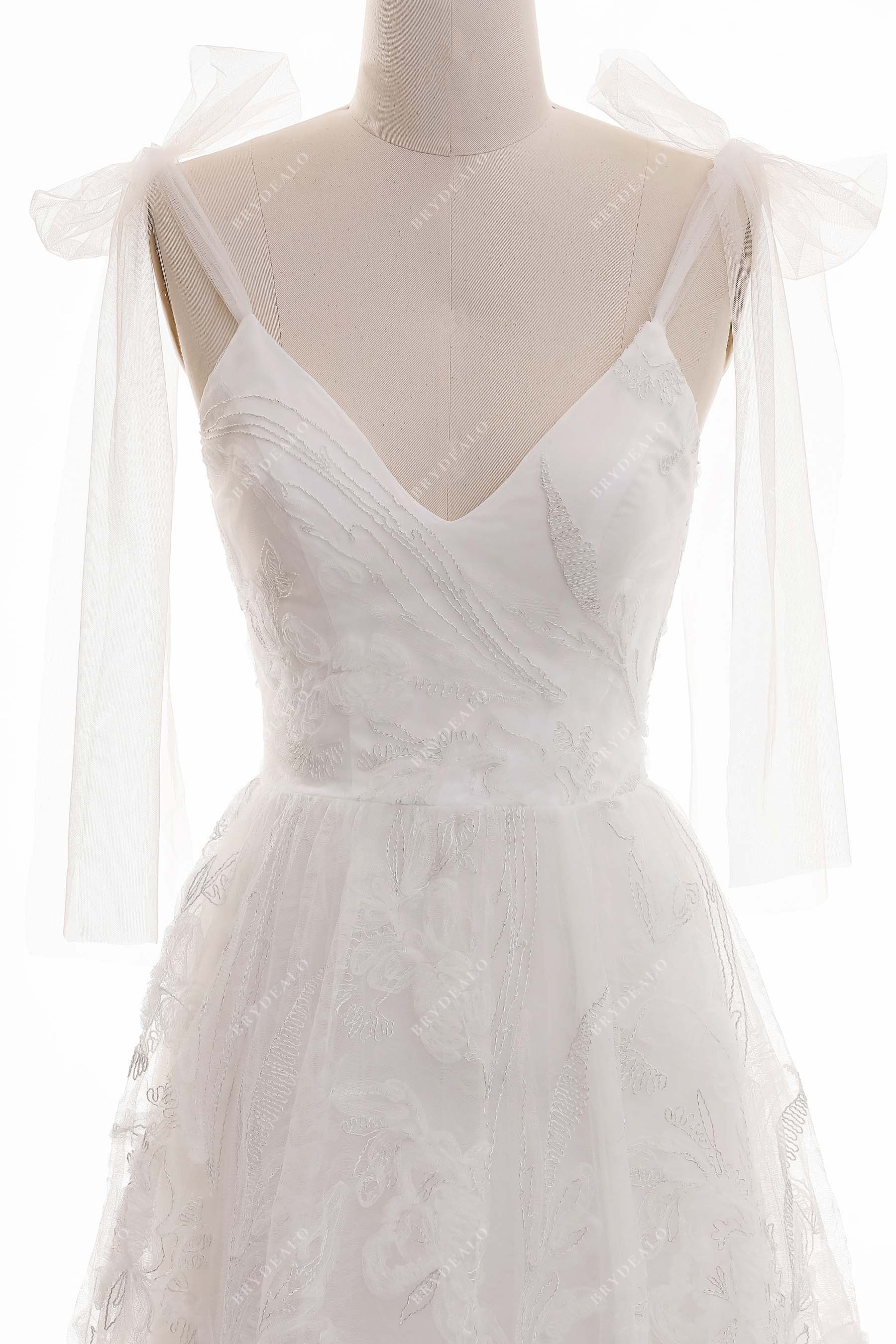Shoulder Bow Sashes V-neck Lace Wedding Dress