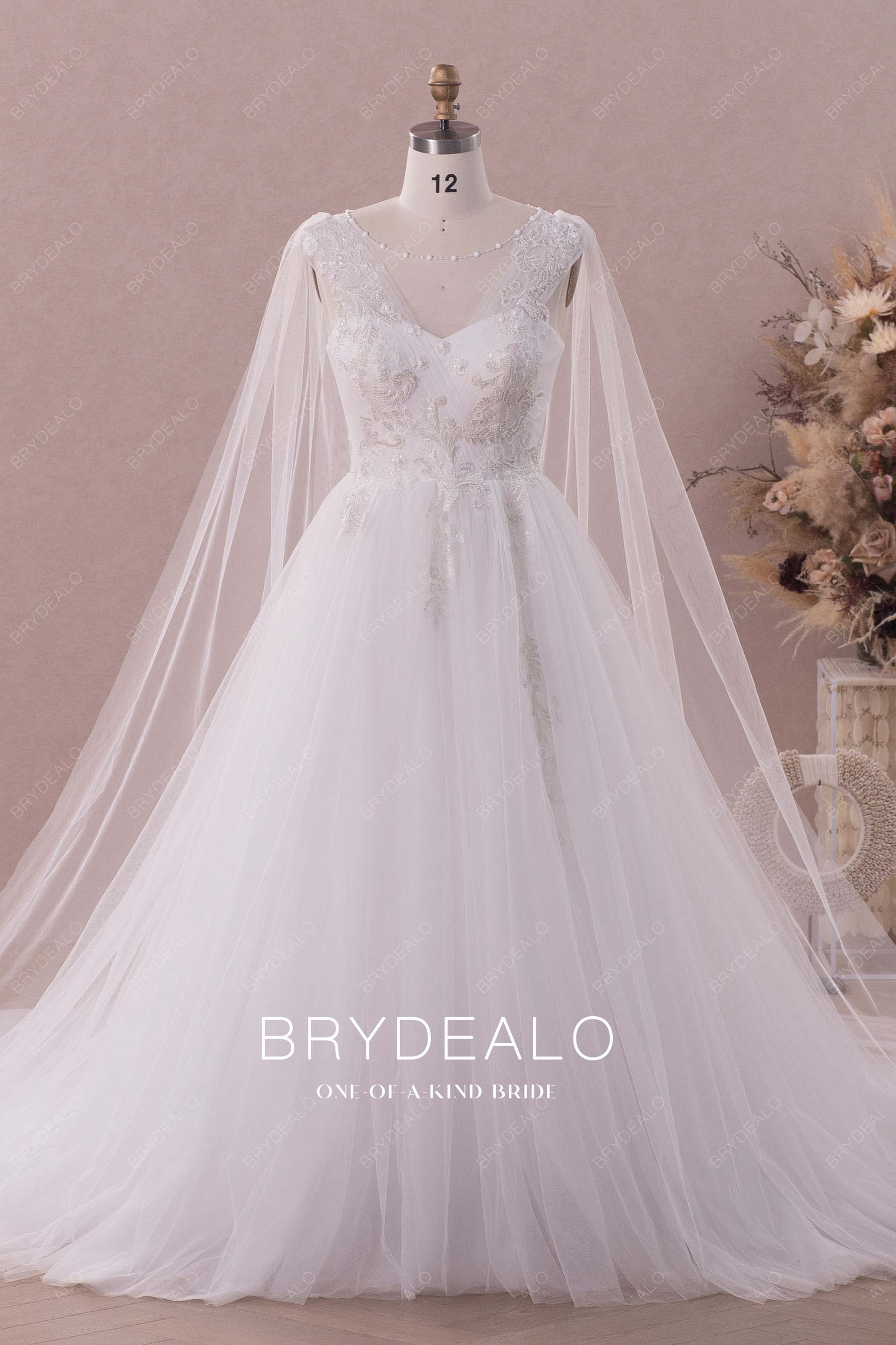 shoulder streamer illusion neck lace tulle wedding gown