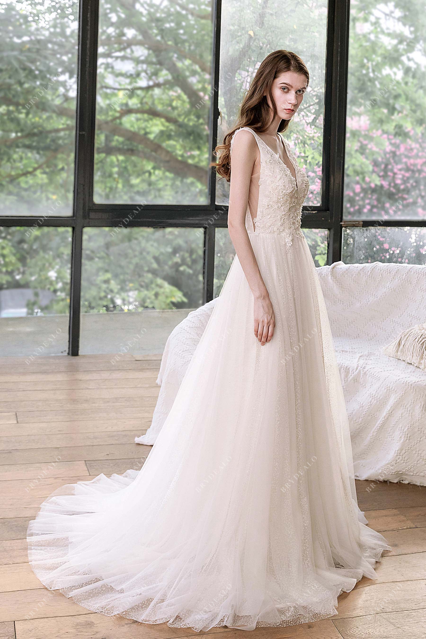 side cutouts sleeveless lace tulle bridal dress