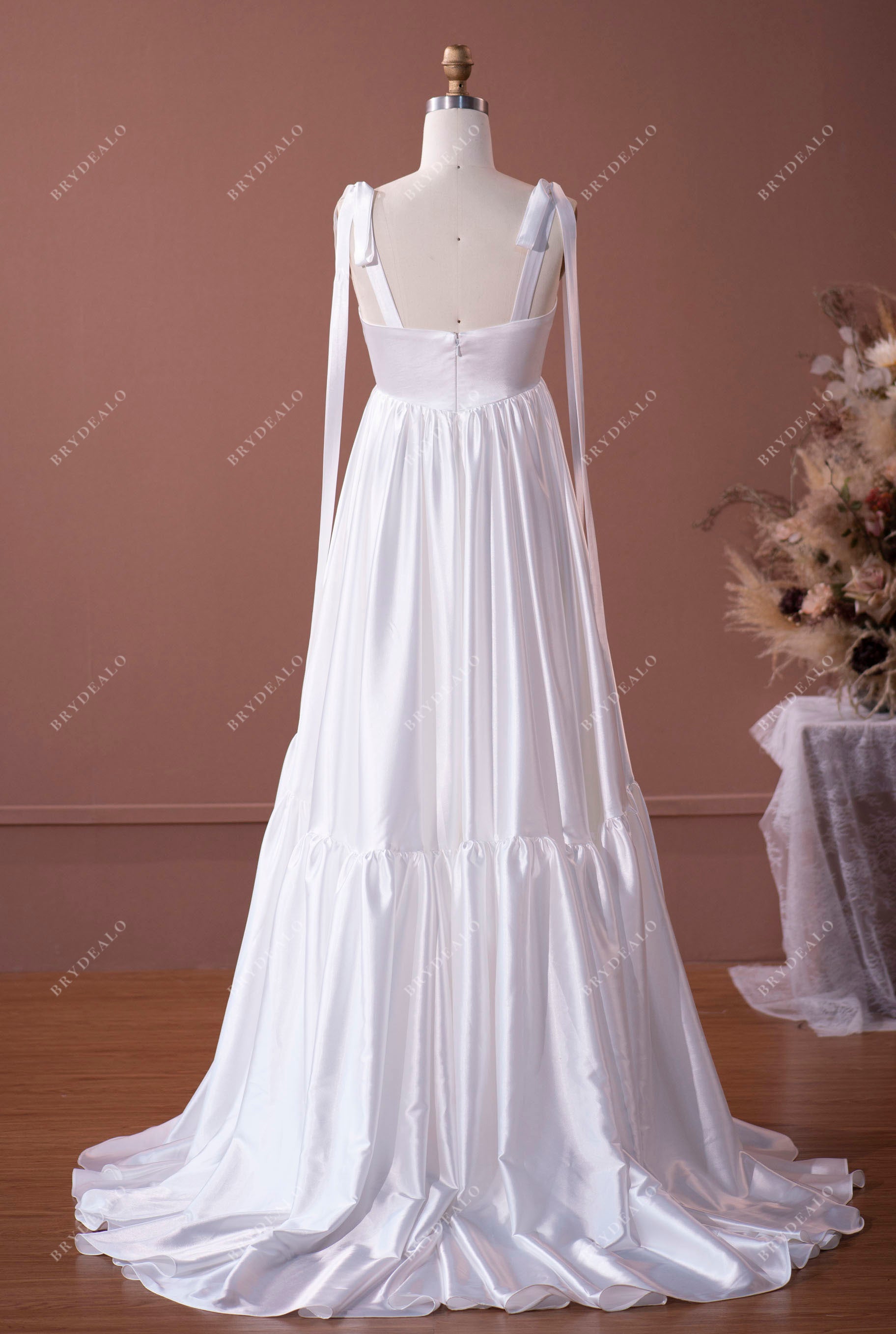 silky satin straps A-line tiered long maternity wedding dress