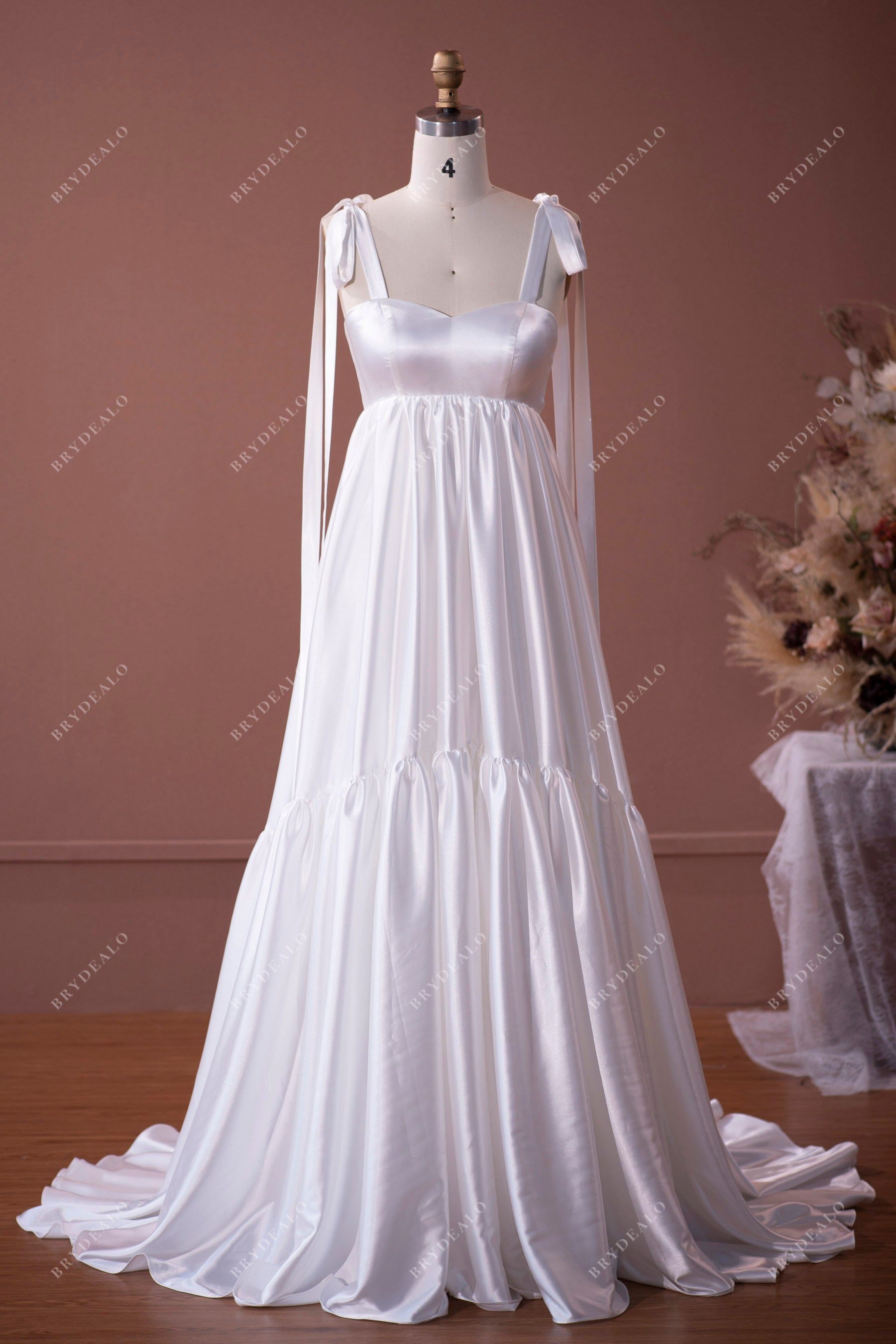 silky satin straps A-line tiered maternity wedding dress