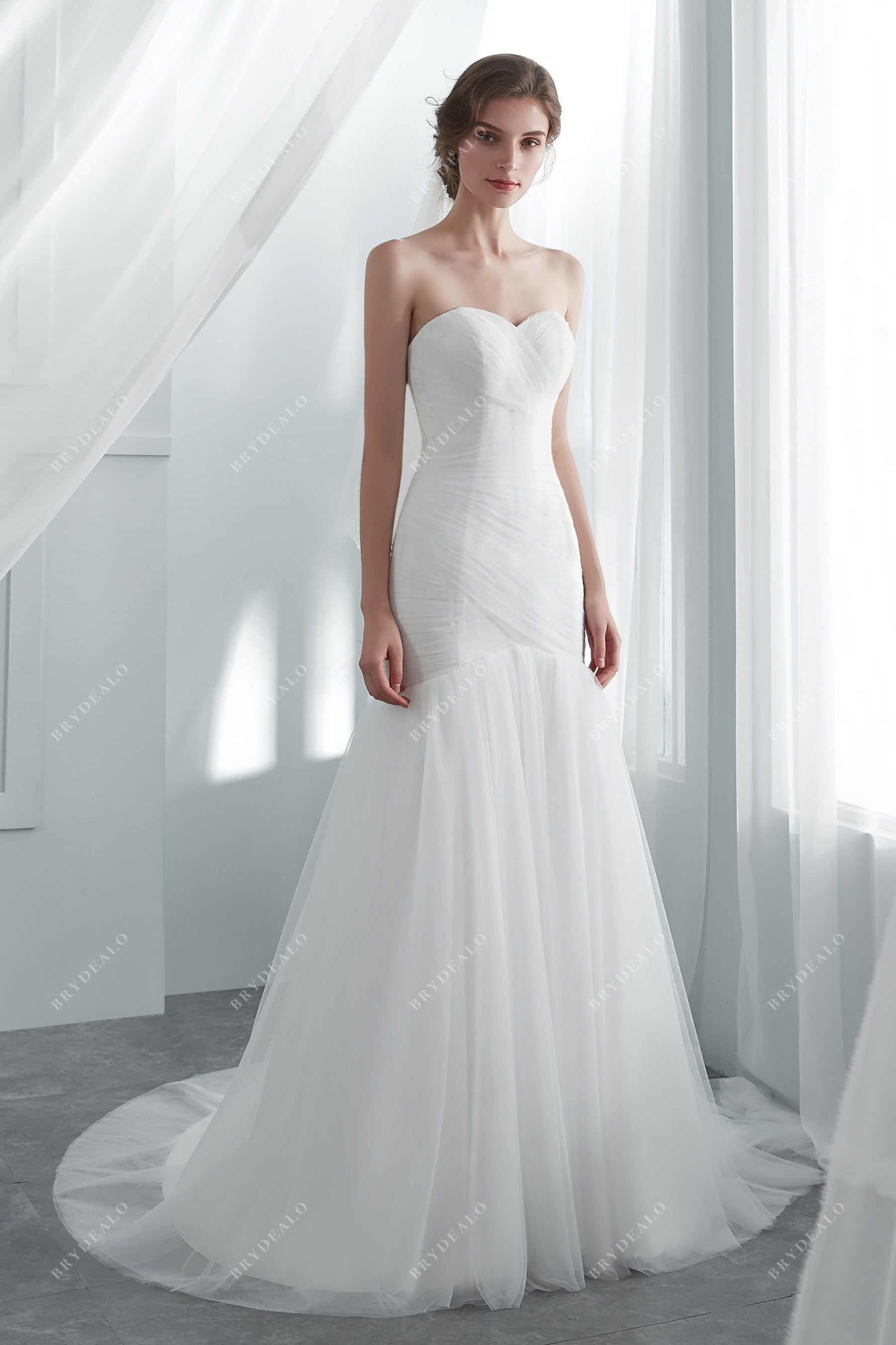 Figure-flattering Pleated Trumpet Wedding Gown