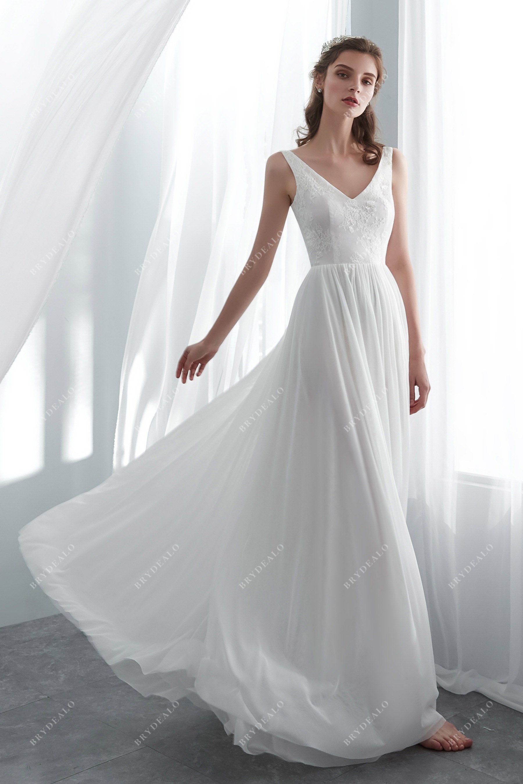 Simple Lace Draping Floor Length Wedding Dress