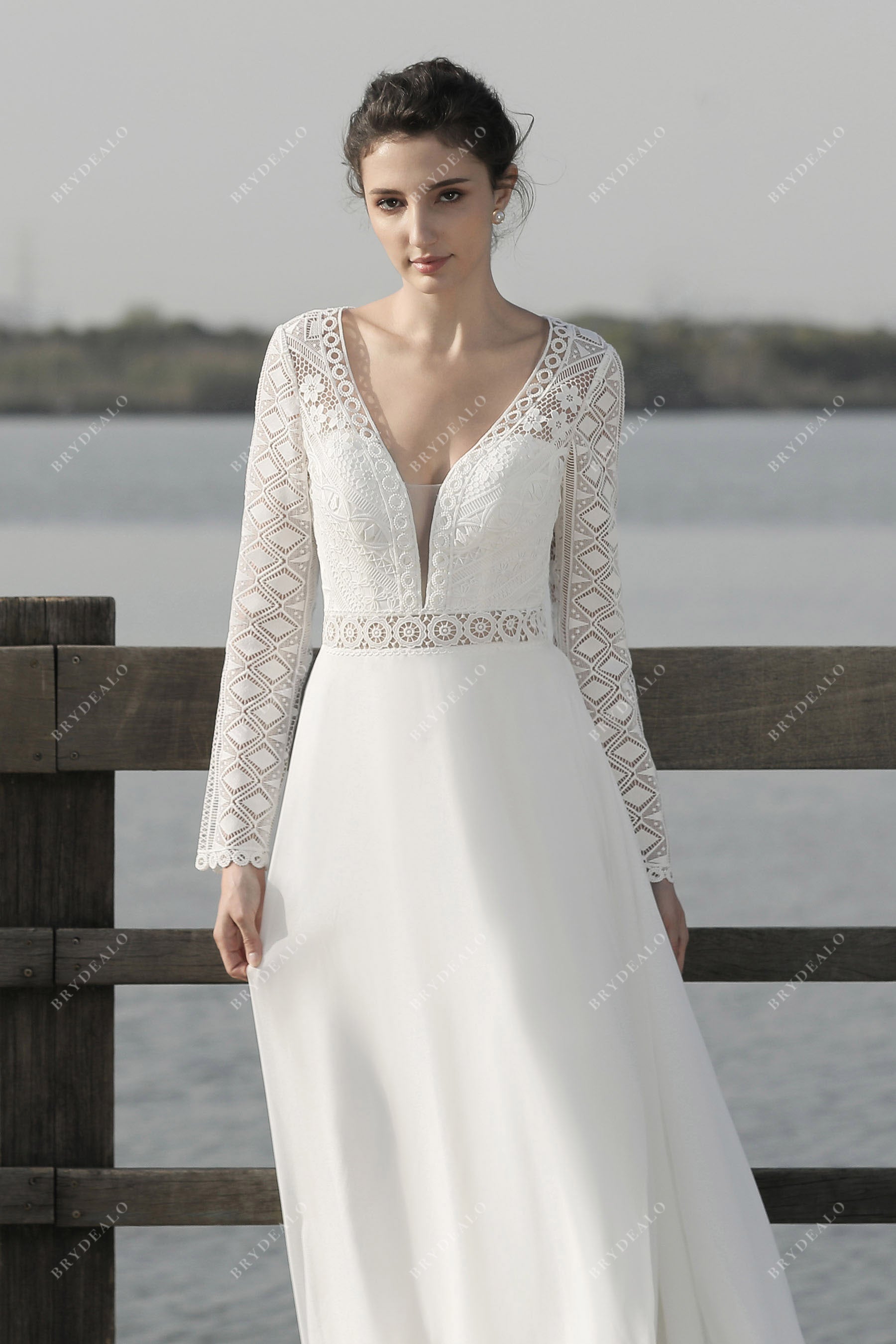 Plunging Neck Sheer Sleeves Wedding Gown