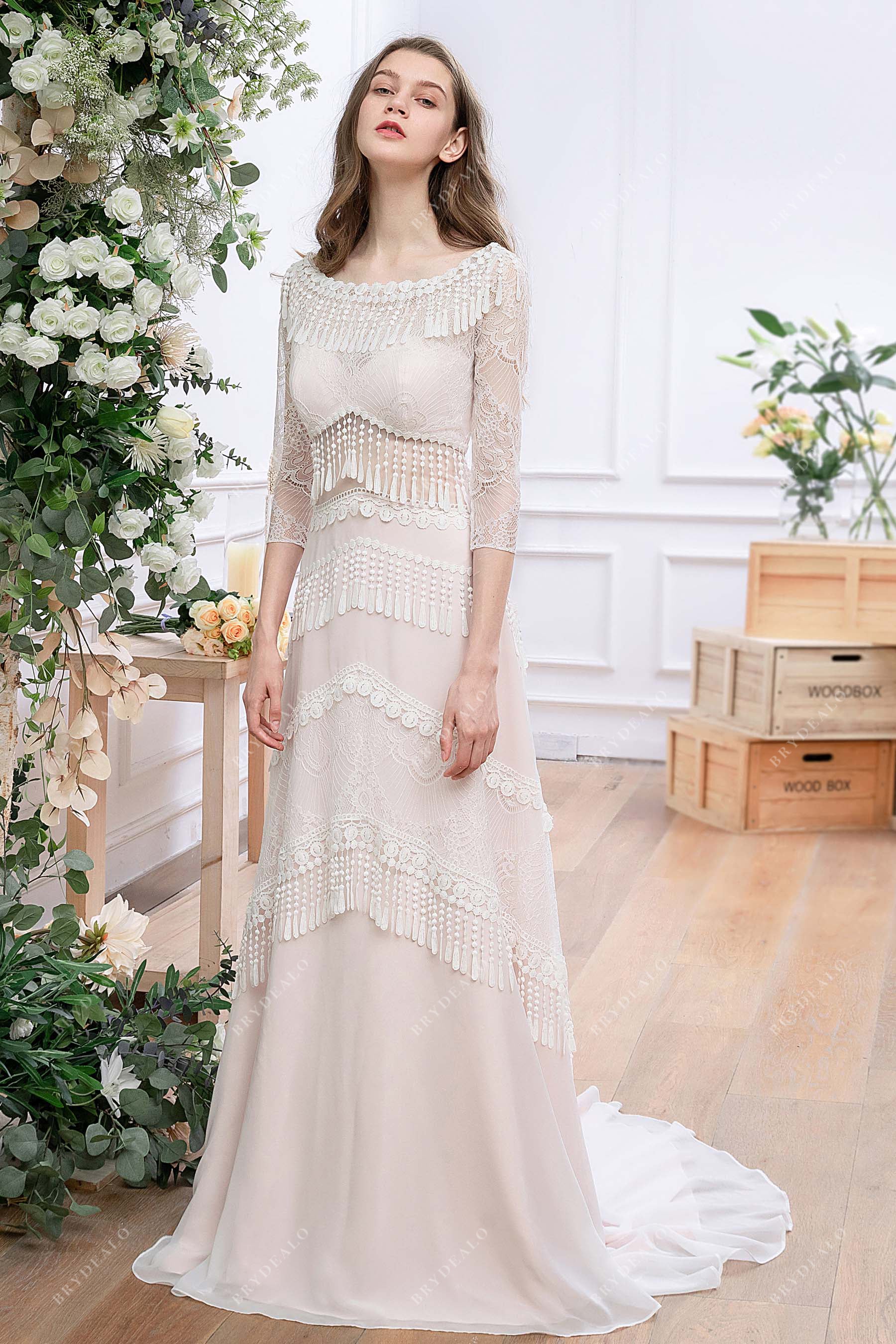 sleeve pearl pink boho tassels A-line wedding dress