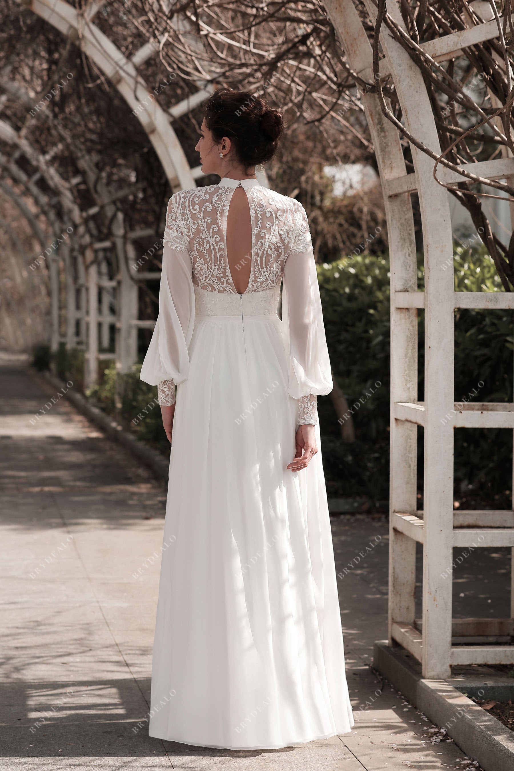 keyhole back sheer sleeves bridal dress