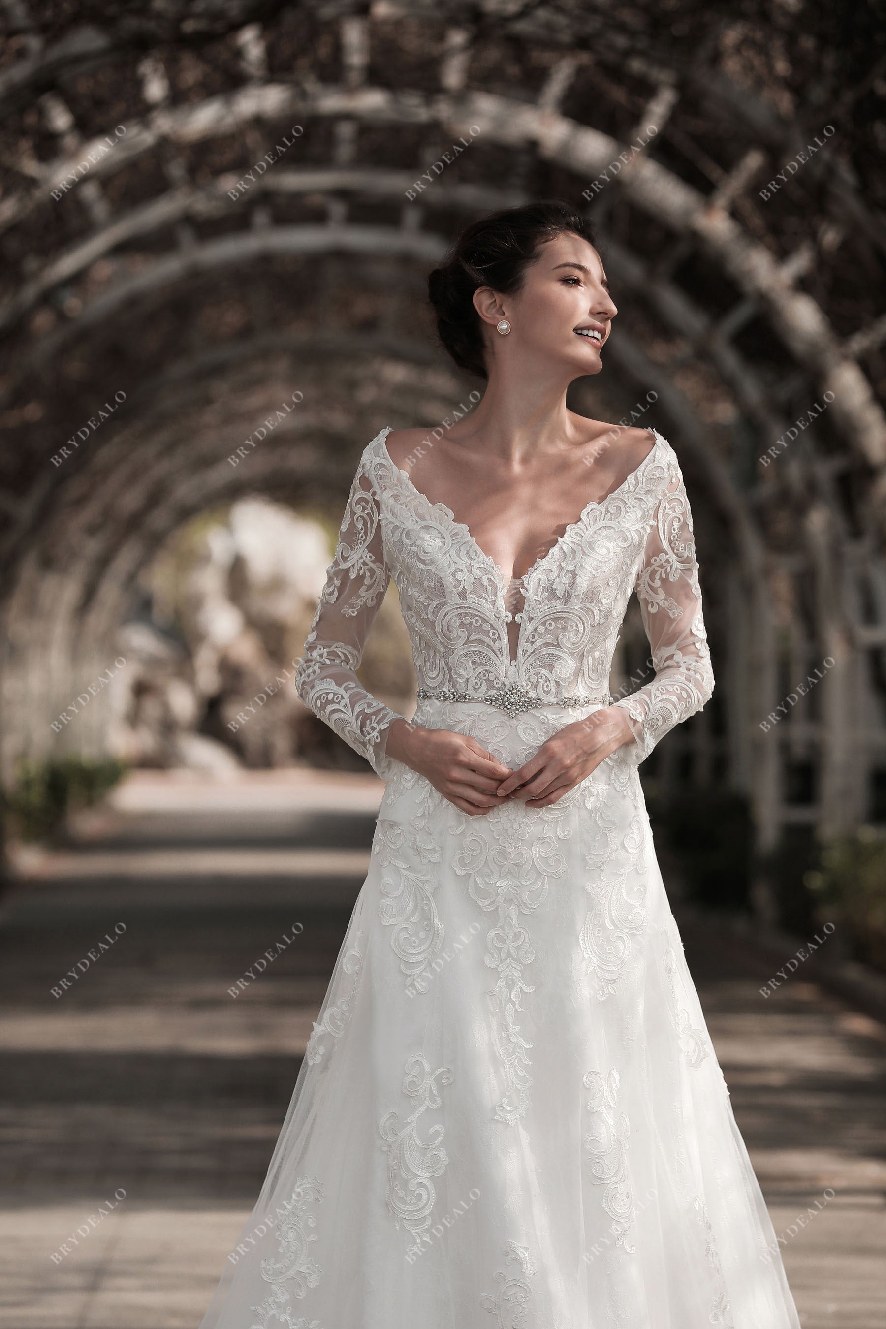 wide V-neck lace bridal gown